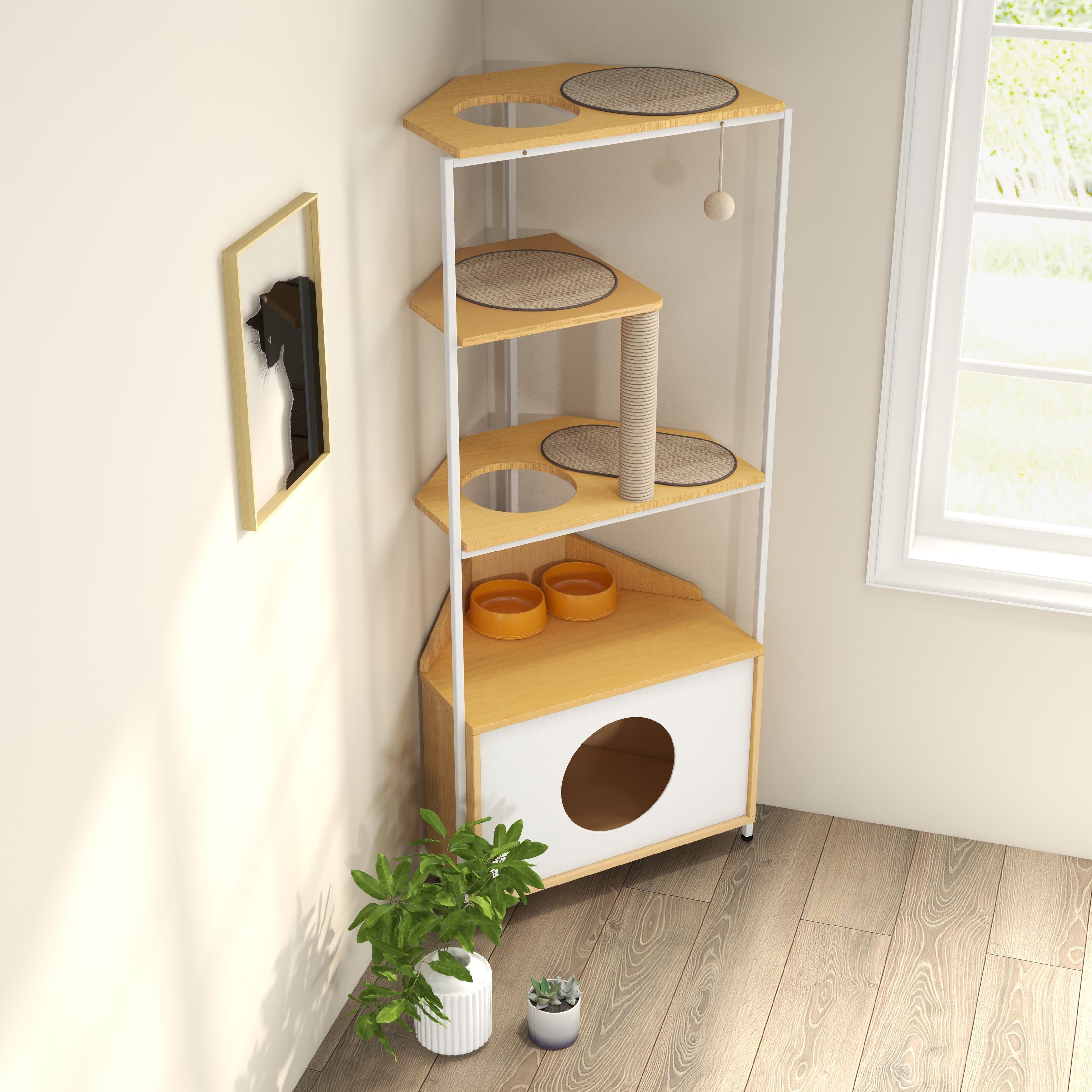 Corner Multi-Level Cat Tower and Condo with Scratching Post, Feeding Station, 25" L x 16" W x 58.5" H, White+Light Oak