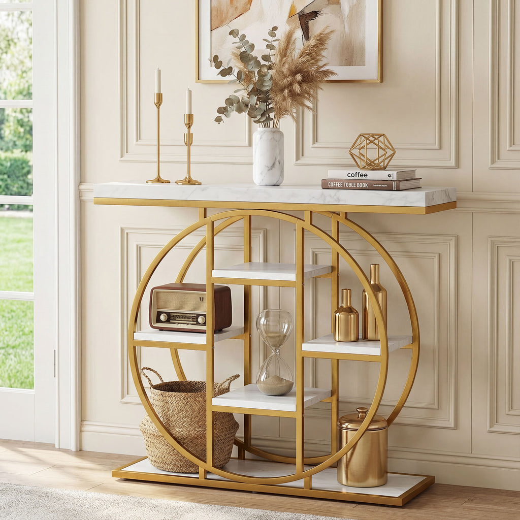 39.4" Console Table with Storage Shelves, Industrial Sofa Table for Living Room, Hallway, White Marble Effect
