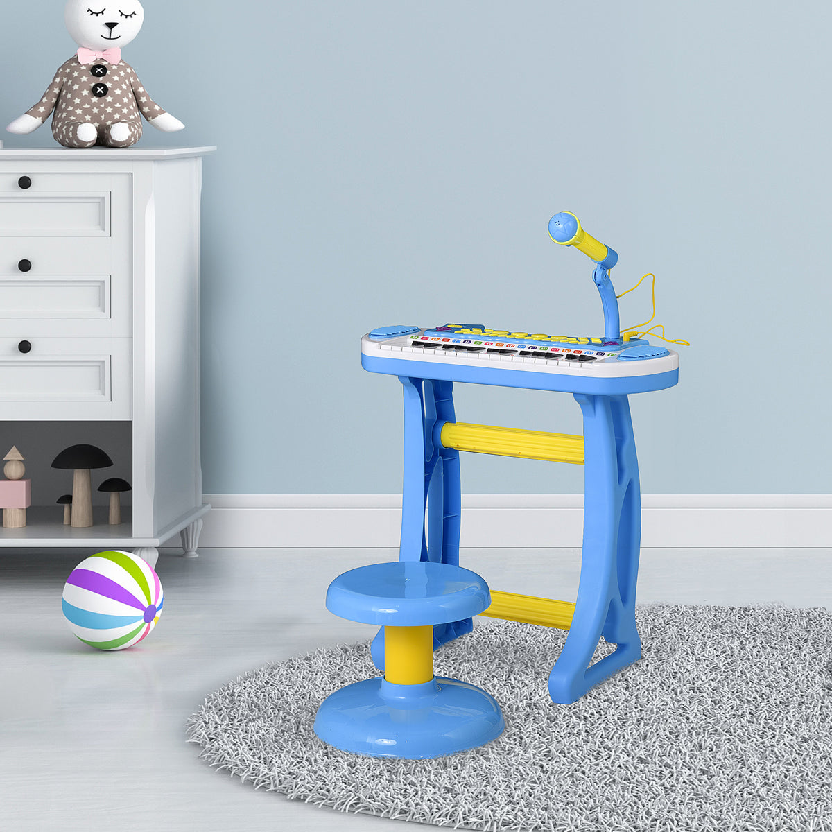 31-Key Kids Toy Keyboard Piano, Electronic Musical Instrument with Multiple Sounds, Stool, Microphone and Bright Flashing Lights, Blue