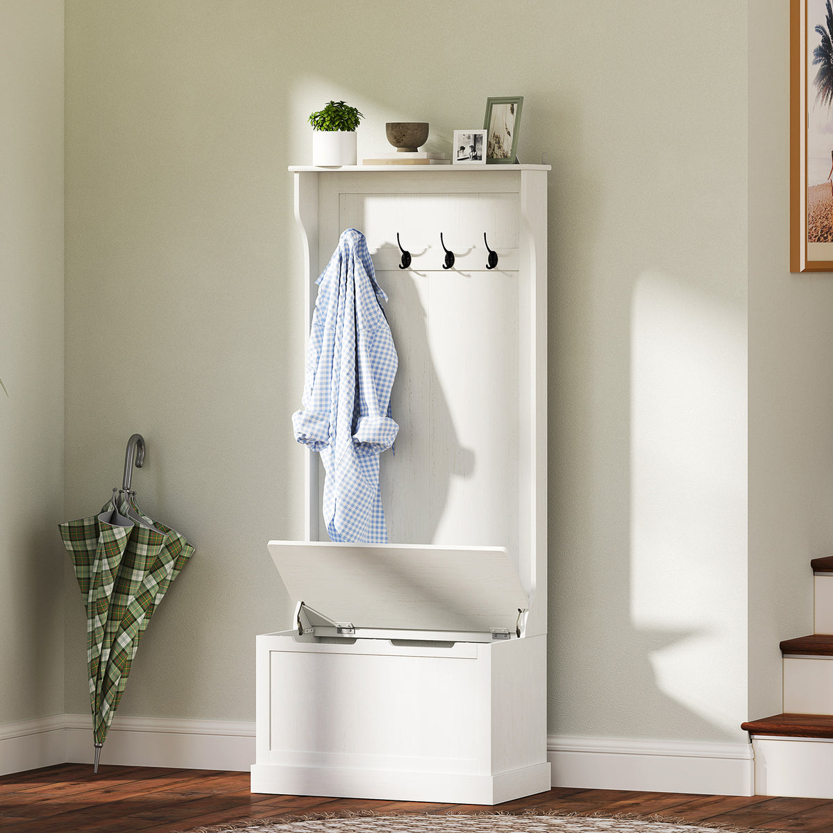 Hall Tree with Coat Rack, Storage, and Sitting Bench, Cream White