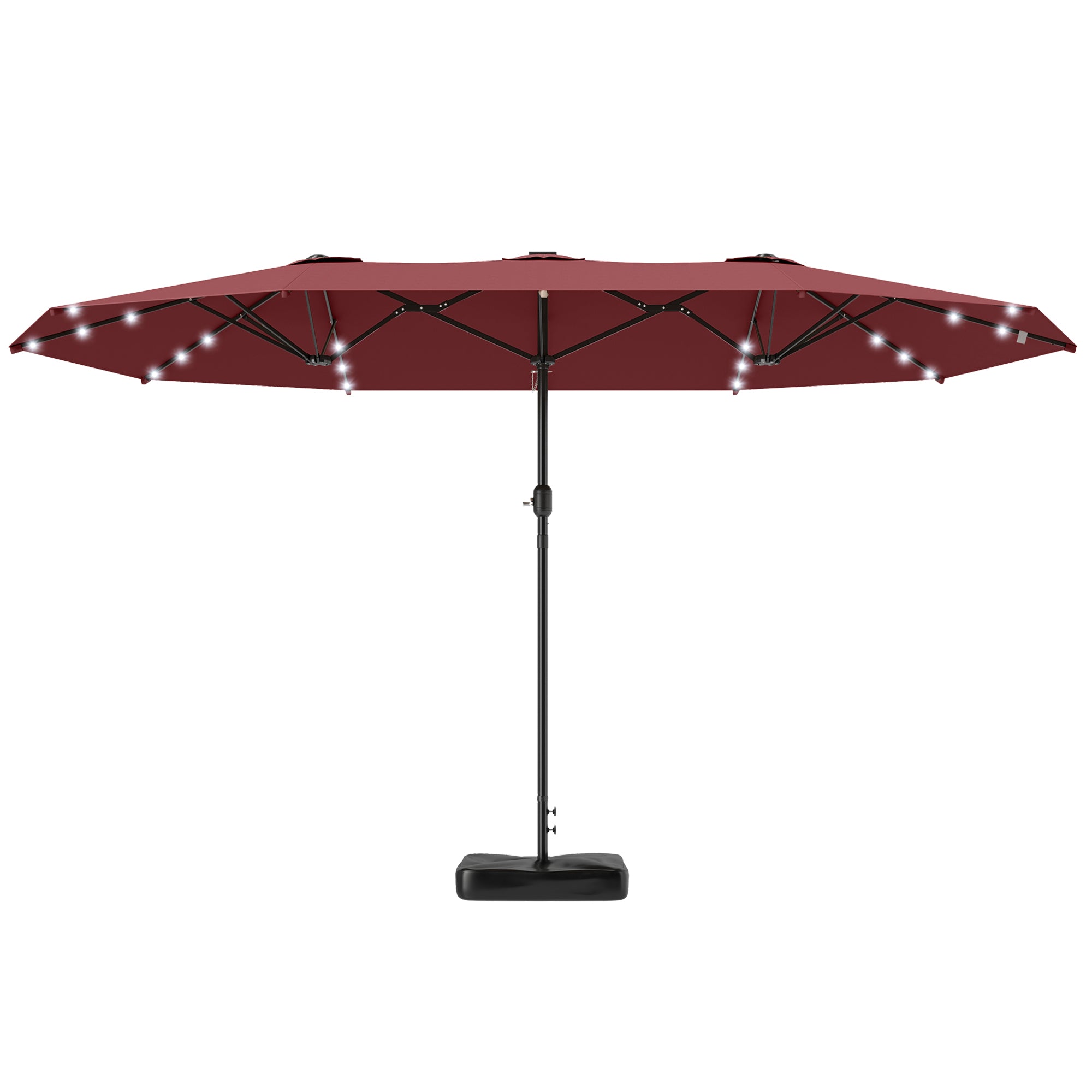 Garden Parasol 14.4ft Double-Sided Sun Umbrella with Base, Patio Parasol with LED Solar Lights, Wine Red
