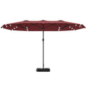 Garden Parasol 14.4ft Double-Sided Sun Umbrella with Base, Patio Parasol with LED Solar Lights, Wine Red