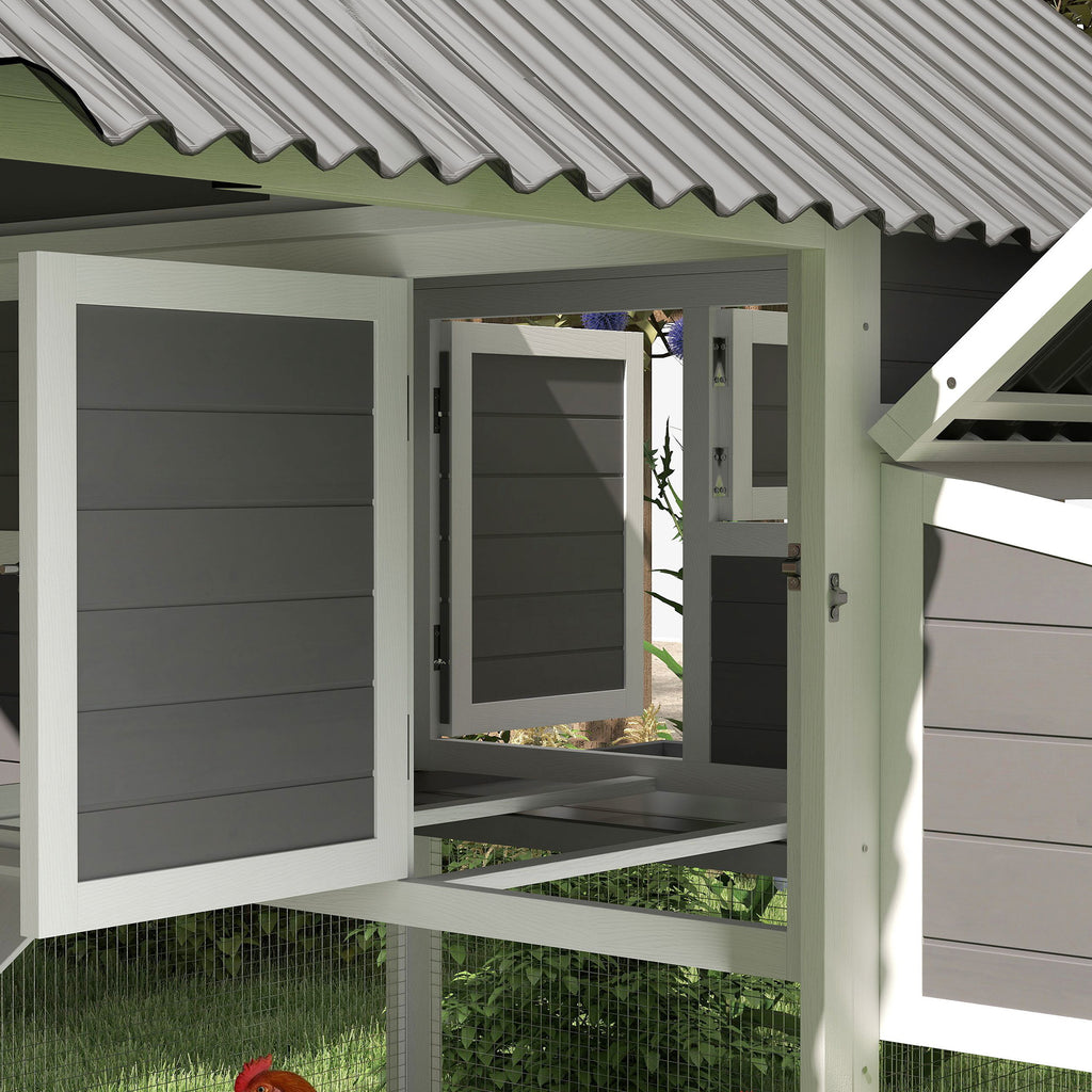 Wooden Chicken Coop with Run, 2 Nesting Boxes, 2 Roosting Bars, Ramp & Tray, Poultry Cage for 4-6 Chickens, Gray
