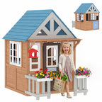 Wooden Kids Playhouse with Pet Door, Play Kitchen, Mailbox, Doorbell, Birdhouse, Fence and Windows for Pretend Play