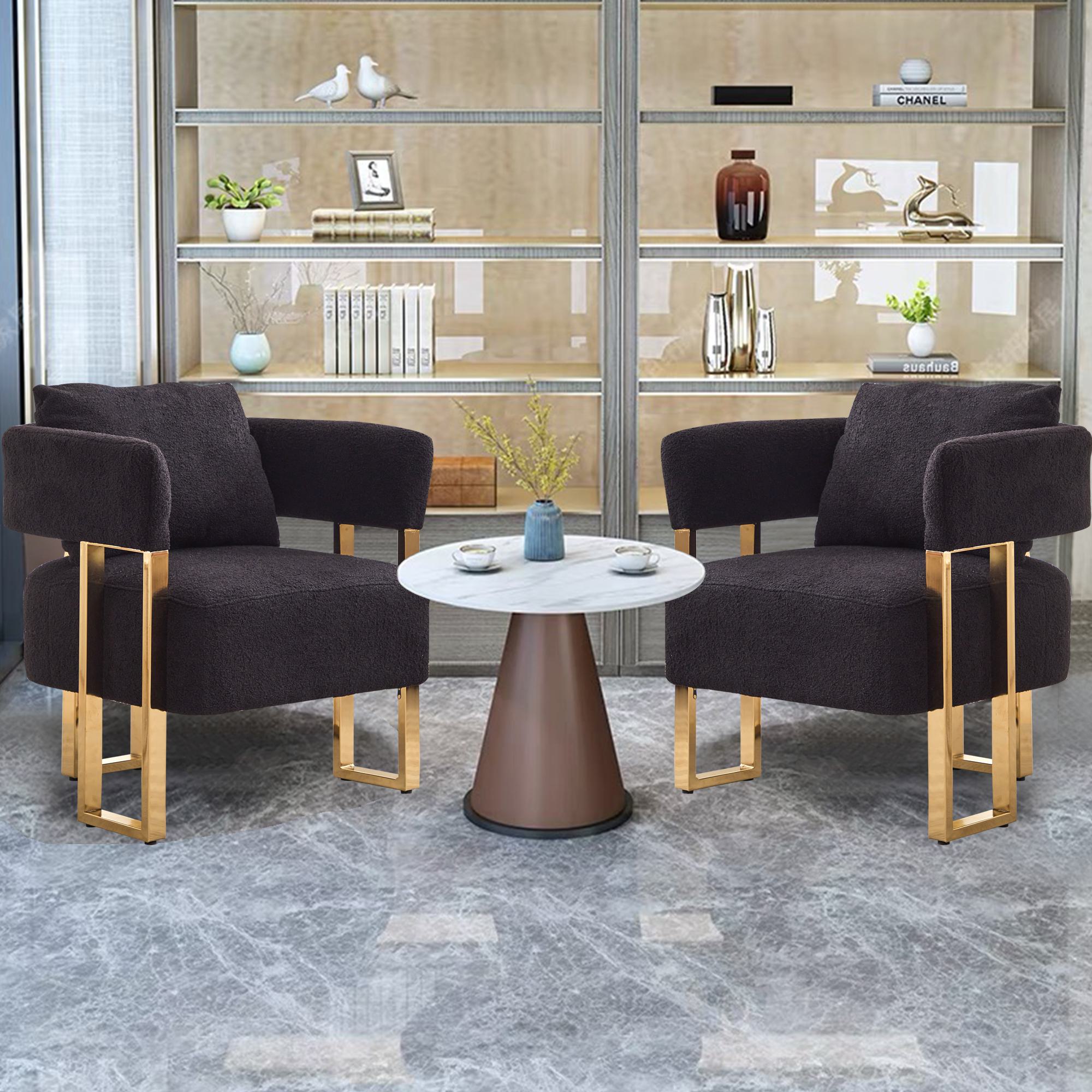 2-Set Living Room Teddy Fleece Upholstered Side Chair with Gold Metal Legs, Modern Decorative Chair, 26" L x 24.5" W x 27" H, Black+Gold