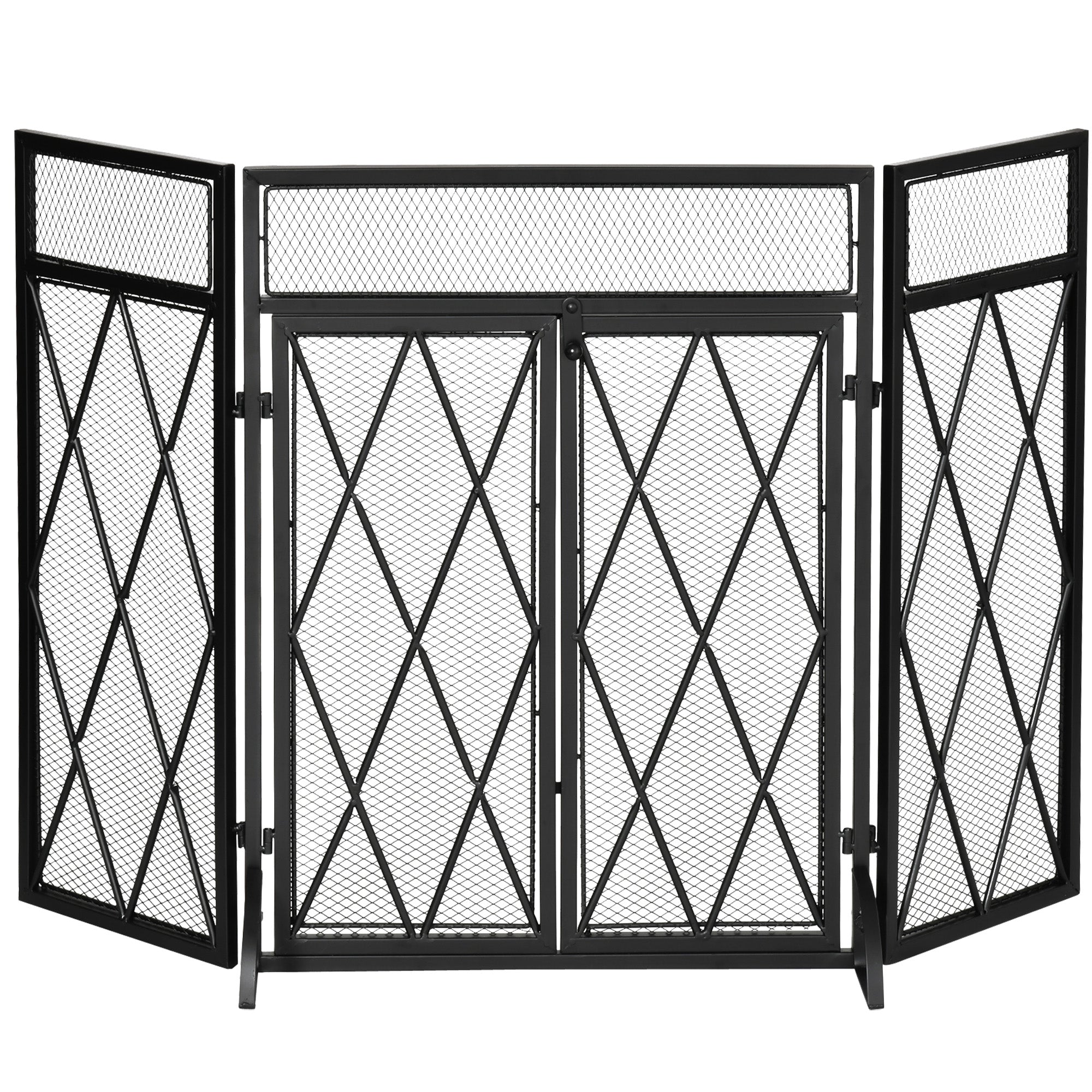 3-Panel Folding Fireplace Screen for Wood Burning with Double Doors, Home Heavy Duty Steel Fire Spark Guard, 47.25" W x 31" H, Black