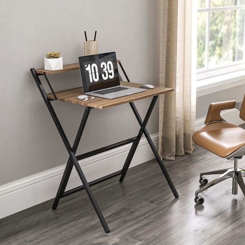 Folding Computer Desk, 27.6" Foldable Desk with Monitor Shelf for Small Space, Home Office, Study, Easy Assembly, Walnut