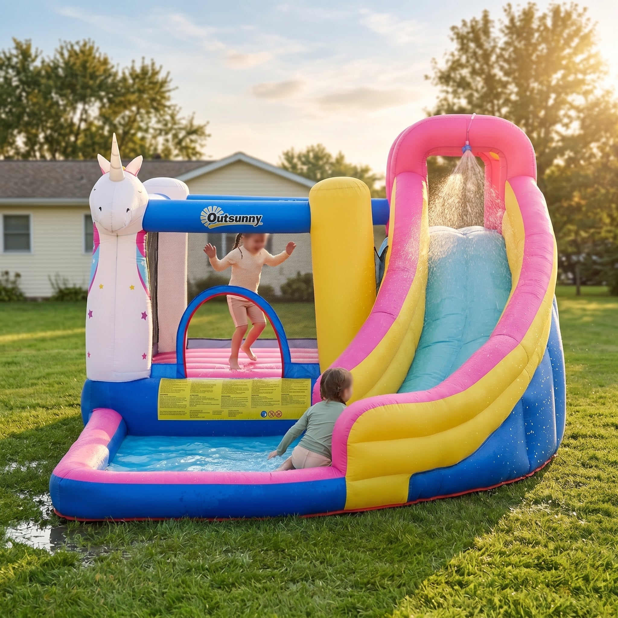Inflatable Water Slide Bounce House with Trampoline, Climbing Wall, Water Cannon, Basketball Hoop, Splash Pool, 450W Blower, Unicorn Themed Bouncy House for Kids 3-8 Years Old