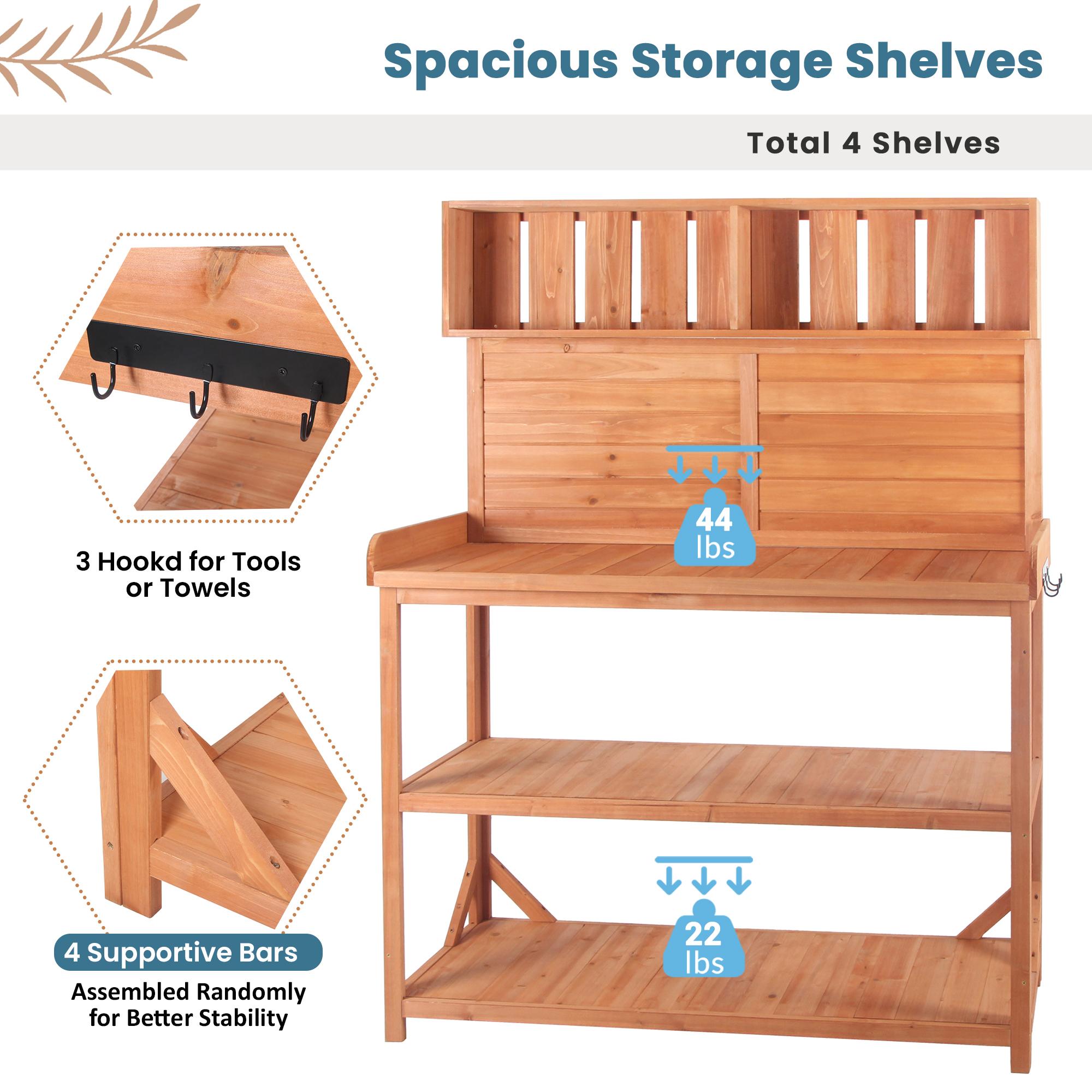 Rustic Wooden Potting Bench with 4 Storage Shelf & Side Hook, Outdoor Garden Workstation for Patio, 47'' L x 19.5'' W x 65'' H, Natural