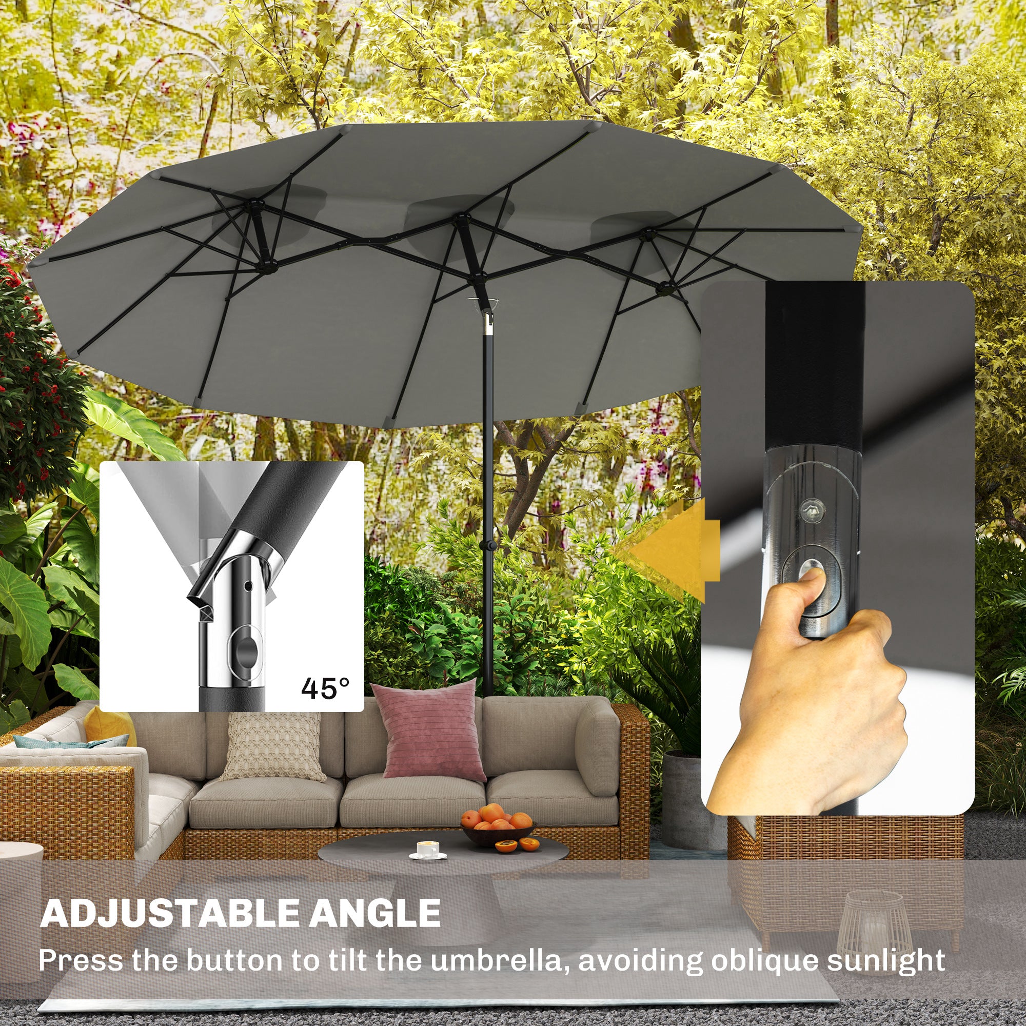 Double Sided Patio Umbrella, 9.7' Large Outdoor Market Umbrella with Push Button Tilt and Crank, 3 Air Vents and 12 Ribs, for Garden, Deck, Pool, Gray