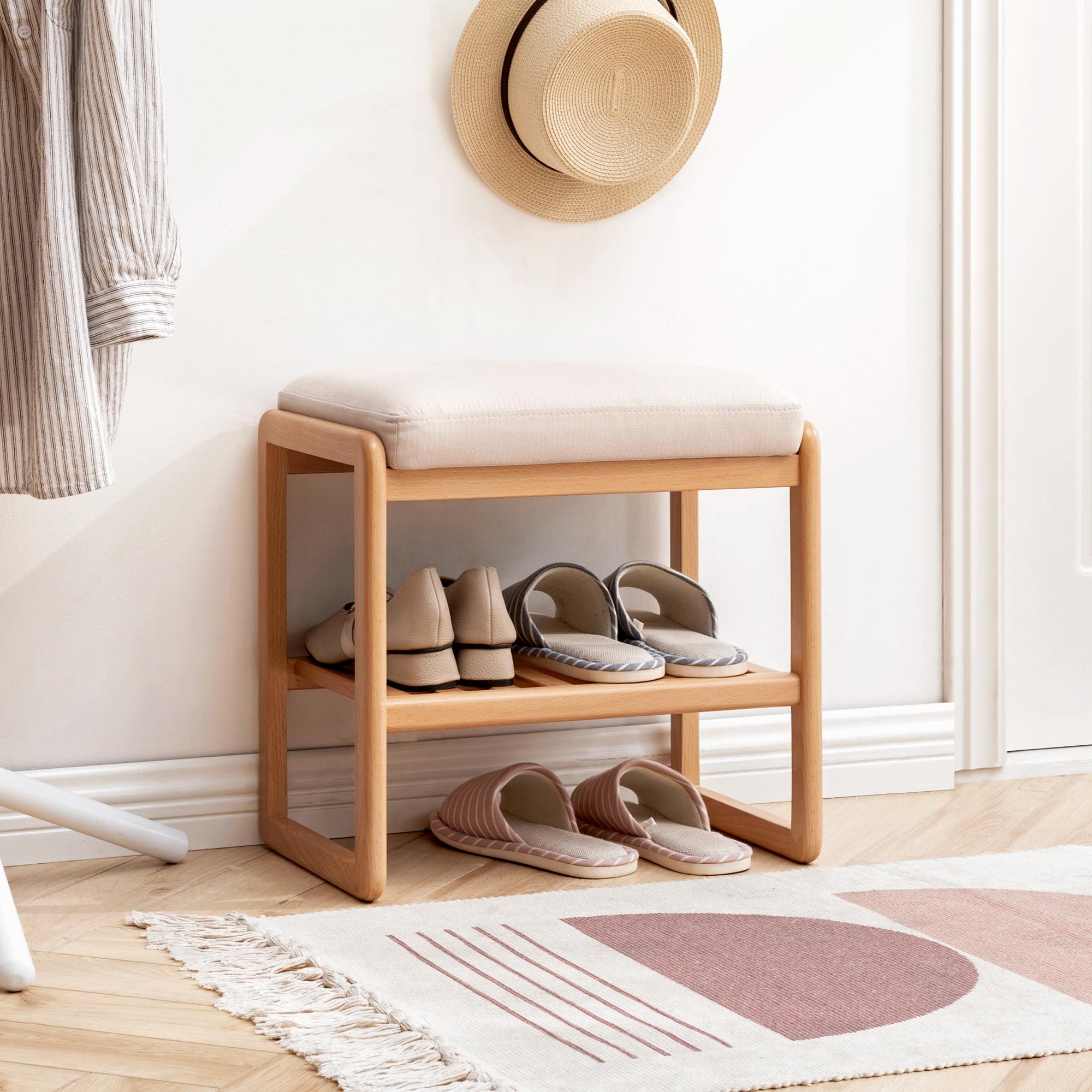 Versatile Shoe Bench with Memory Foam Cushion, Sturdy Shoe Rack with 2-Tier Shoe Storage, 23.5″ L x 12″ W x 16.5″ H, Natural