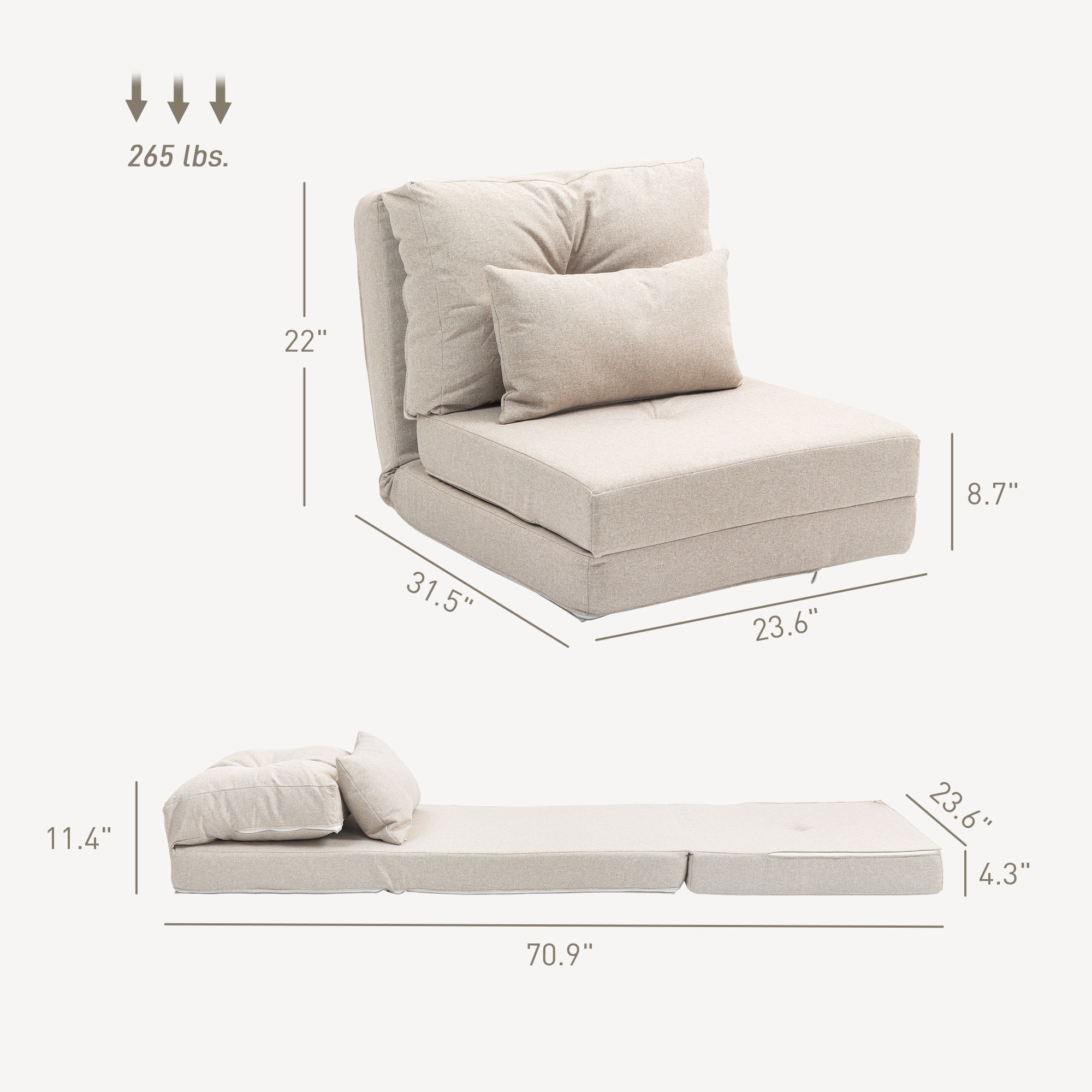 Floor Chair, Convertible Floor Sofa Bed, Folding Upholstered Couch Bed with Adjustable Backrest, Beige
