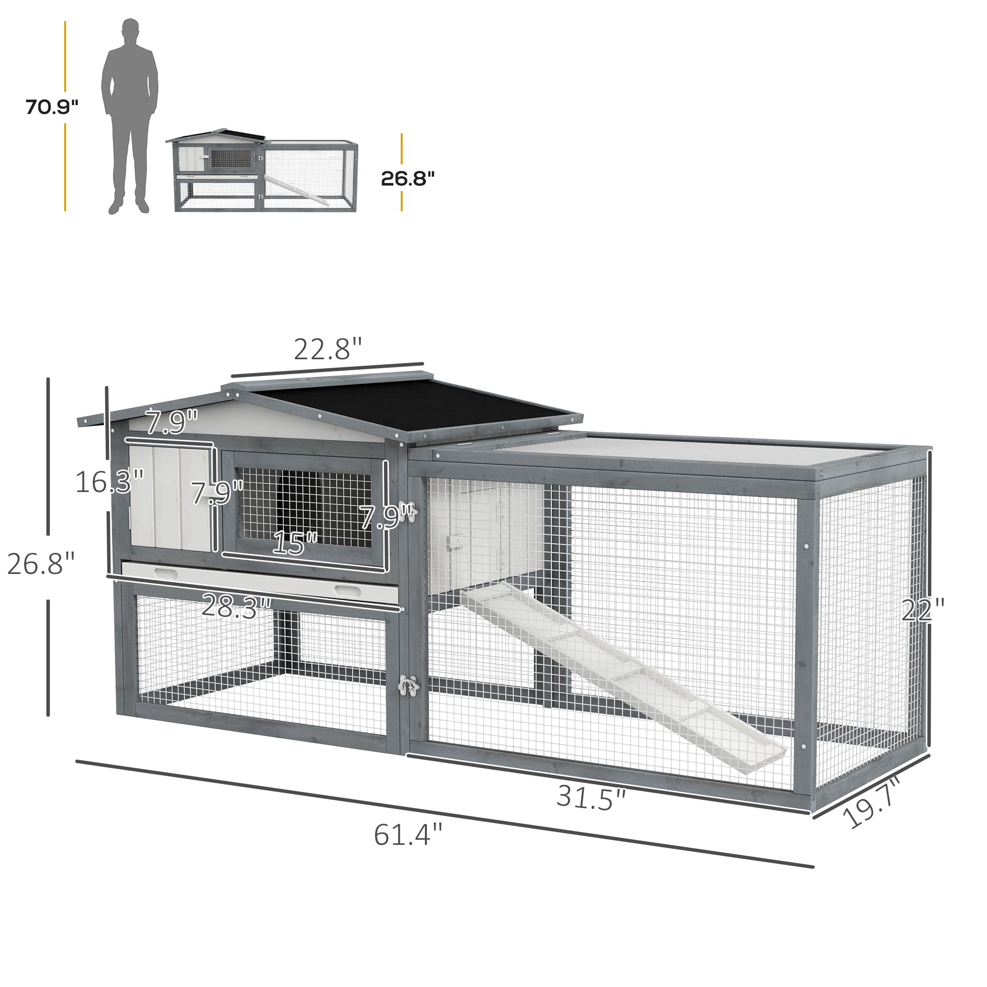 Large Rabbit Cage Outdoor 61"L Guinea Pig Hutch w/ Run Feeding Trough Removable Tray Ramp Asphalt Roof, White