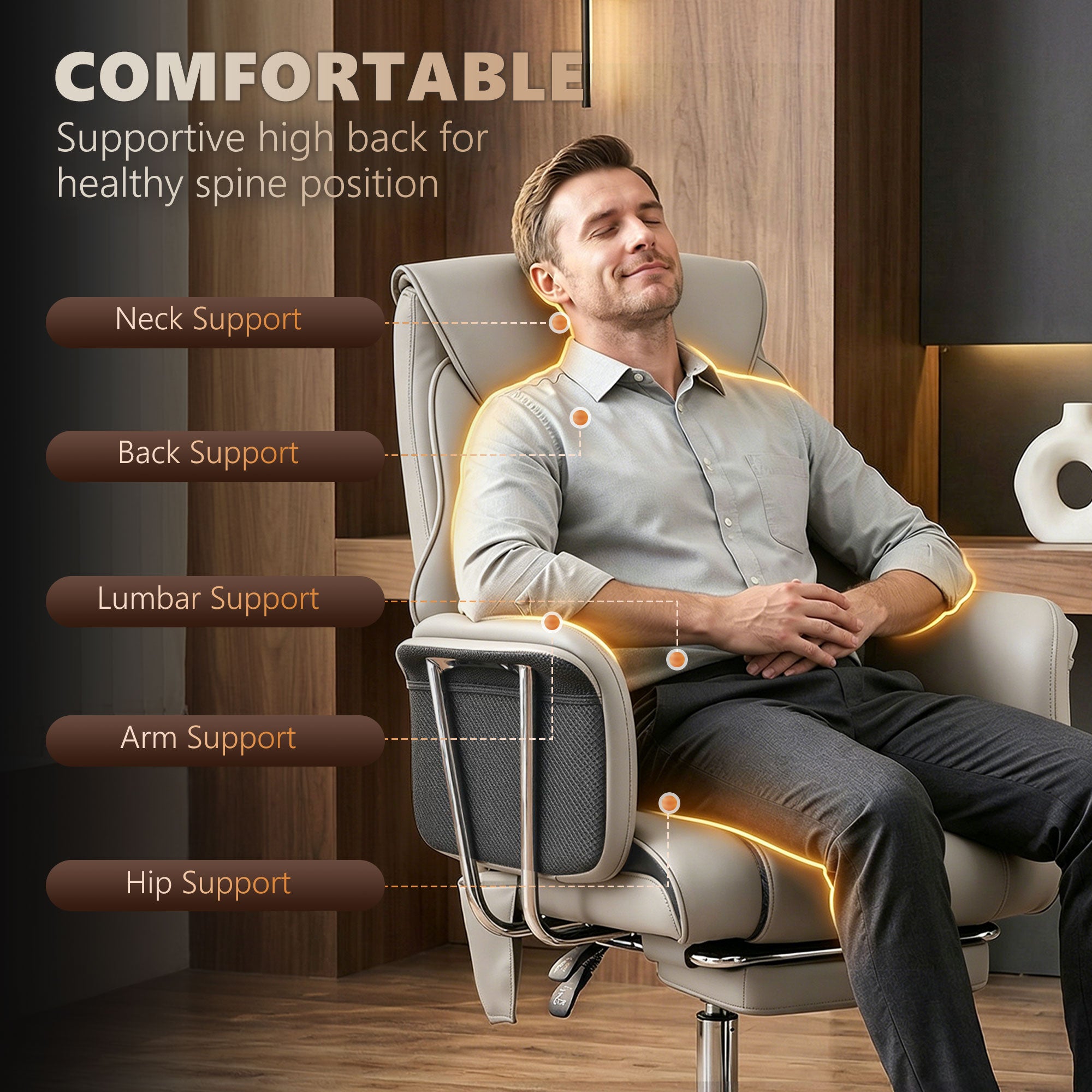 Massage Office Chair with 6 Points Vibration, Executive Desk Chair with High Back, PU Leather, Footrest, Gray