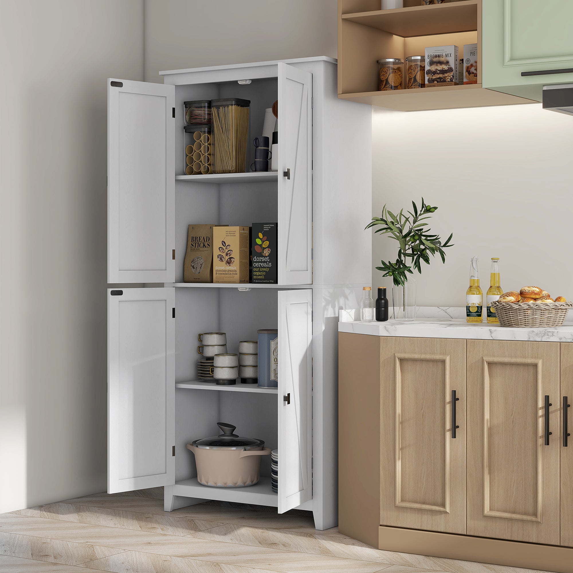 72" Freestanding Kitchen Pantry Cabinet, Farmhouse Tall Storage Cabinet with 4 Door Cabinets and Adjustable Shelves for Dining Room, White