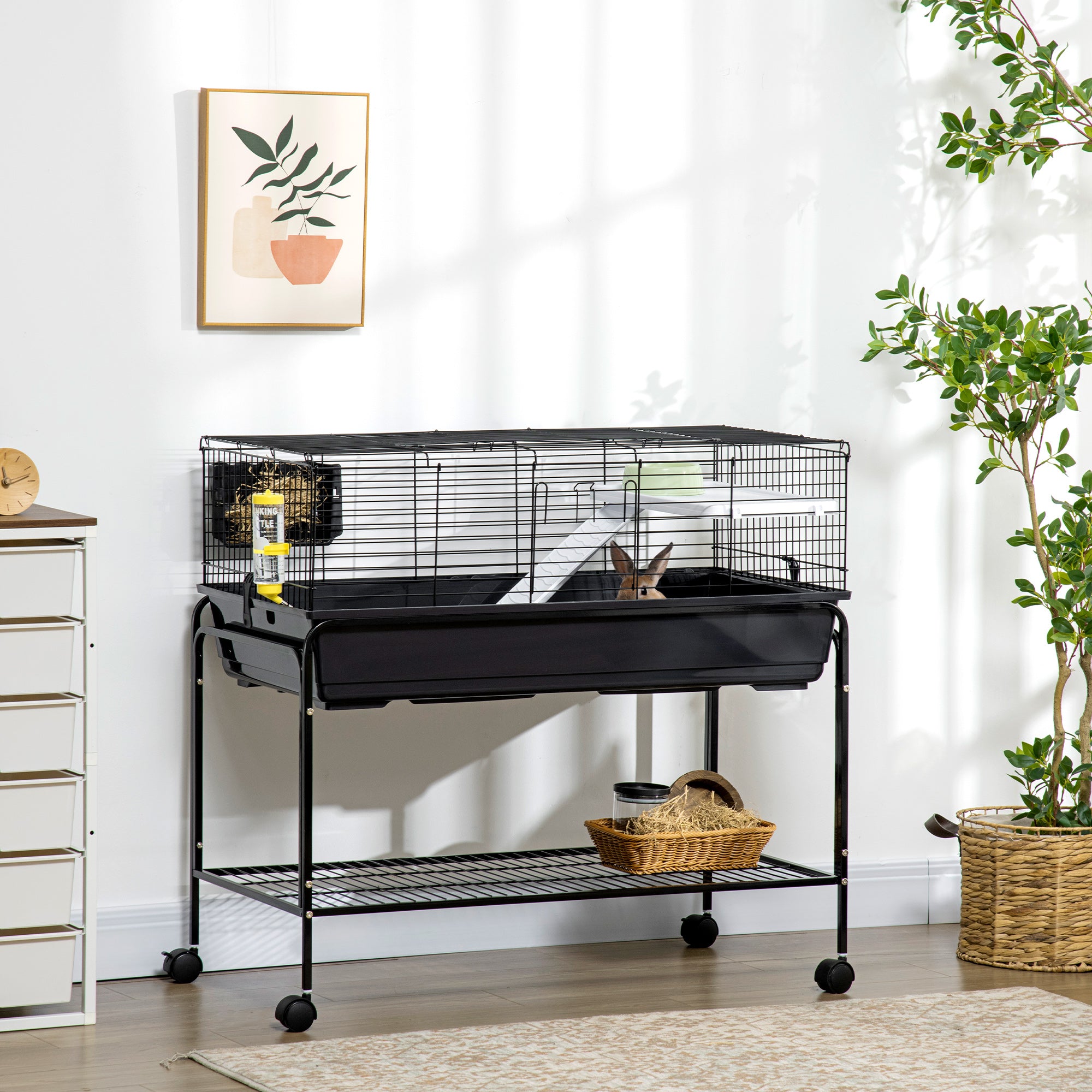 Two-Story Small Animal Cage Removable from Stand, Guinea Pig Cage with Shelf & Wheels, Pet Habitat for Hedgehog, Chinchilla, Ferret, 39" x 20.5" x 36.5", Black