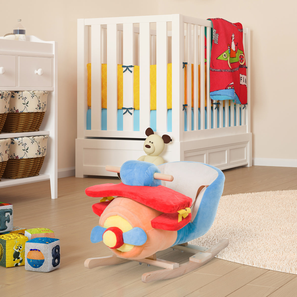 Kids Rocking Horse, Wooden Plush Ride-on Plane Chair Toy with Lullby Song and Seat Belt for 18 Month +