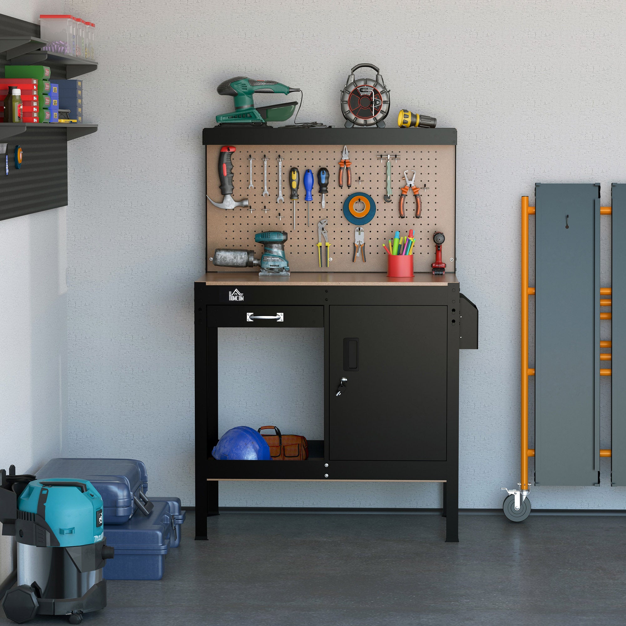 Multipurpose Workbench, Workshop Tool Table with Slide Drawer, Peg Board, Storage Cabinet with Keys