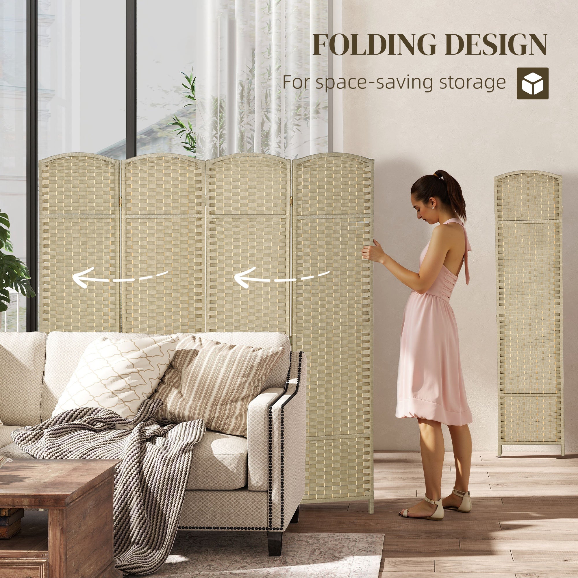 Folding Room Divider Screen 4 Panel 5.6 ' Tall Privacy Screen Freestanding Room Partition for Home Office, Beige