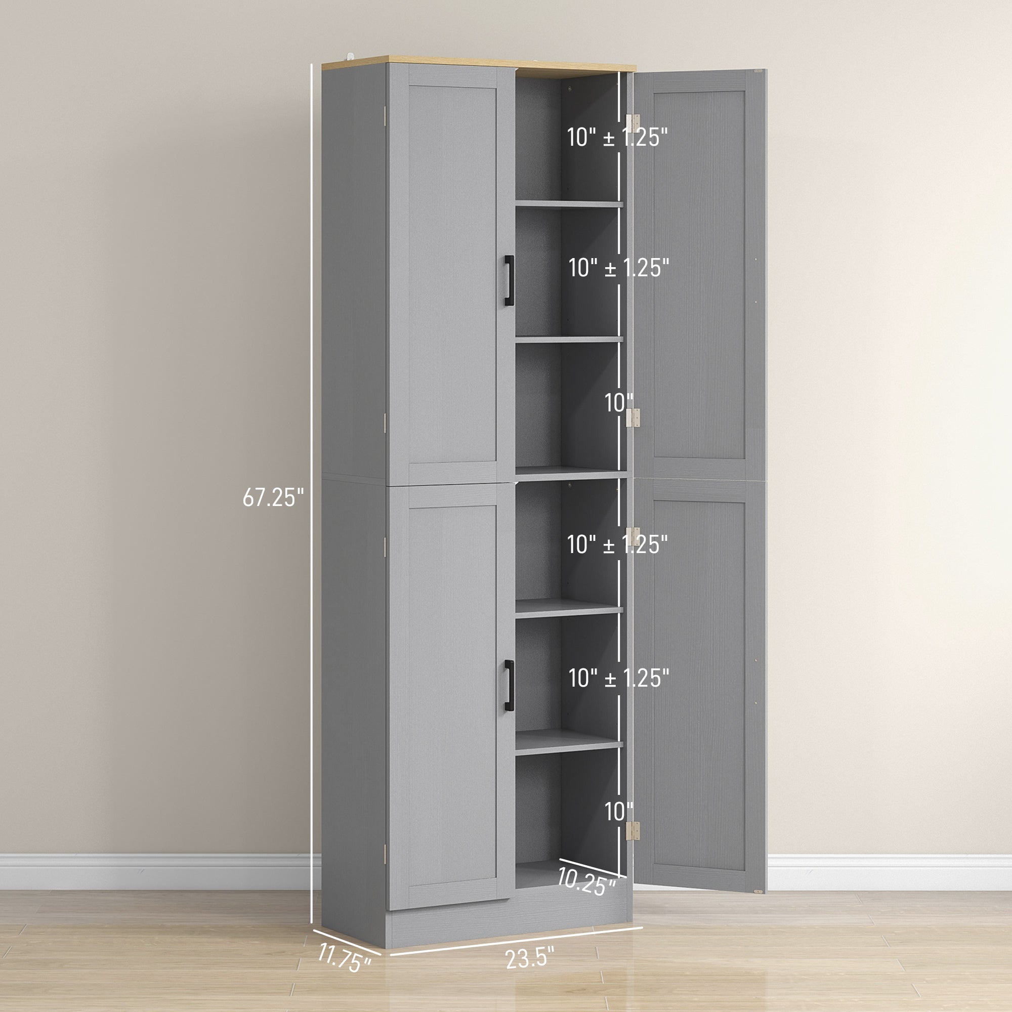 Freestanding Kitchen Pantry, 4-Door Kitchen Pantry Cabinet with Adjustable Shelves and Doors, Distressed White