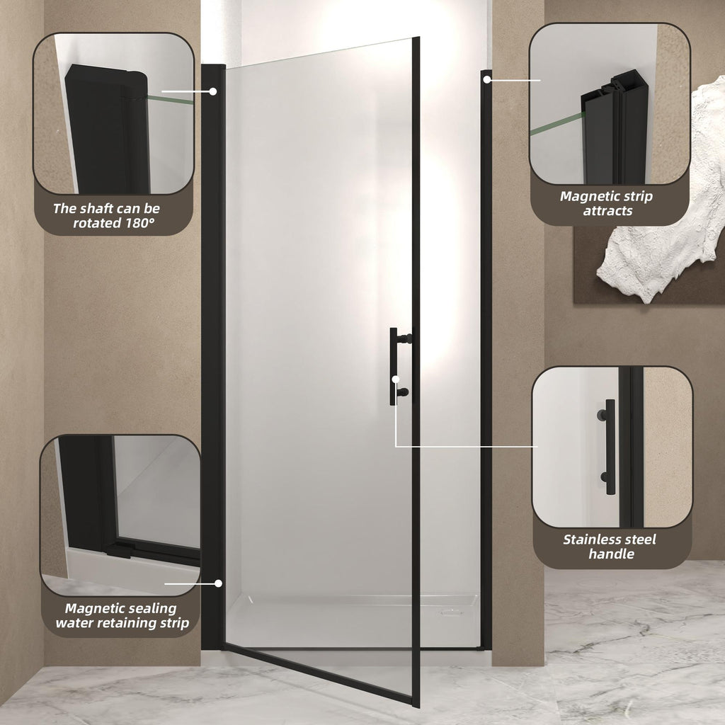 28" Pivot Shower Door with Safety Film and Raised Water-Blocking Strip, Tempered Glass with Stainless Steel Handle, 28" L x 0.5" W x 72" H, Matte Black
