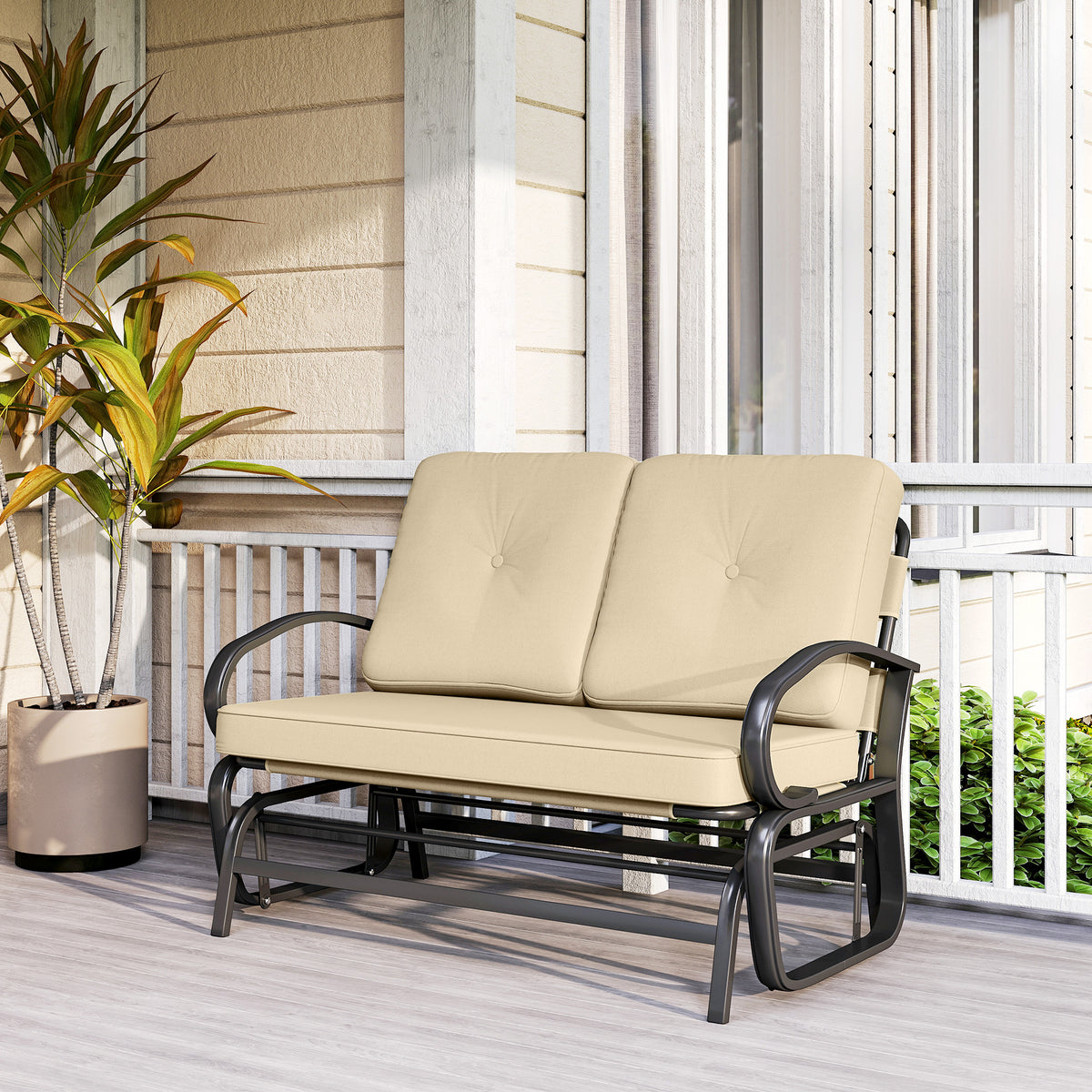 Outdoor Glider Bench, 2-Person Patio Rocker Loveseat with Tufted Cushions, Steel Frame for Porch, Garden Backyard, Beige