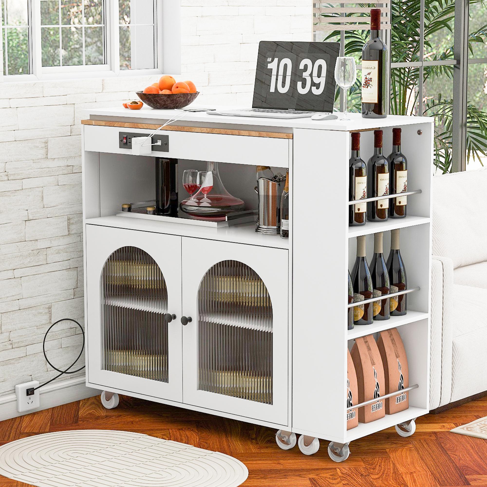 LED Kitchen Island with Extended Table, Power Outlets, Fluted Glass Doors, Utility Cart with Shelves and Cabinet, 56.5" L x 33" W x 38" H, White