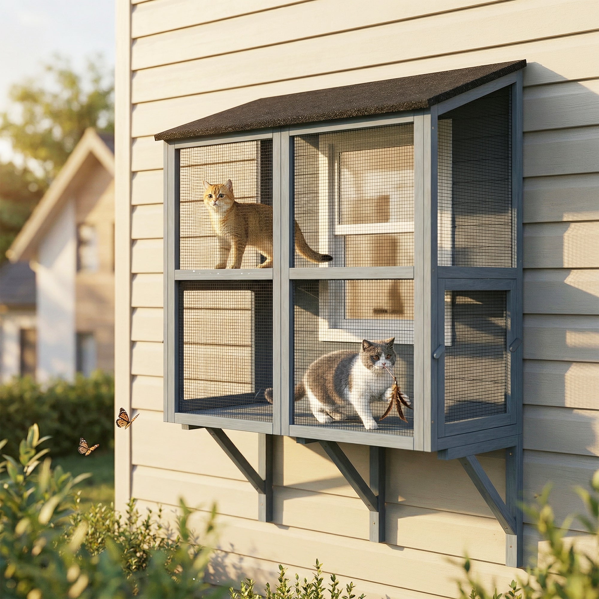 Catio Outdoor Cat Enclosure Outdoor Window Box Cat House with Waterproof Roof 39.4"L Gray