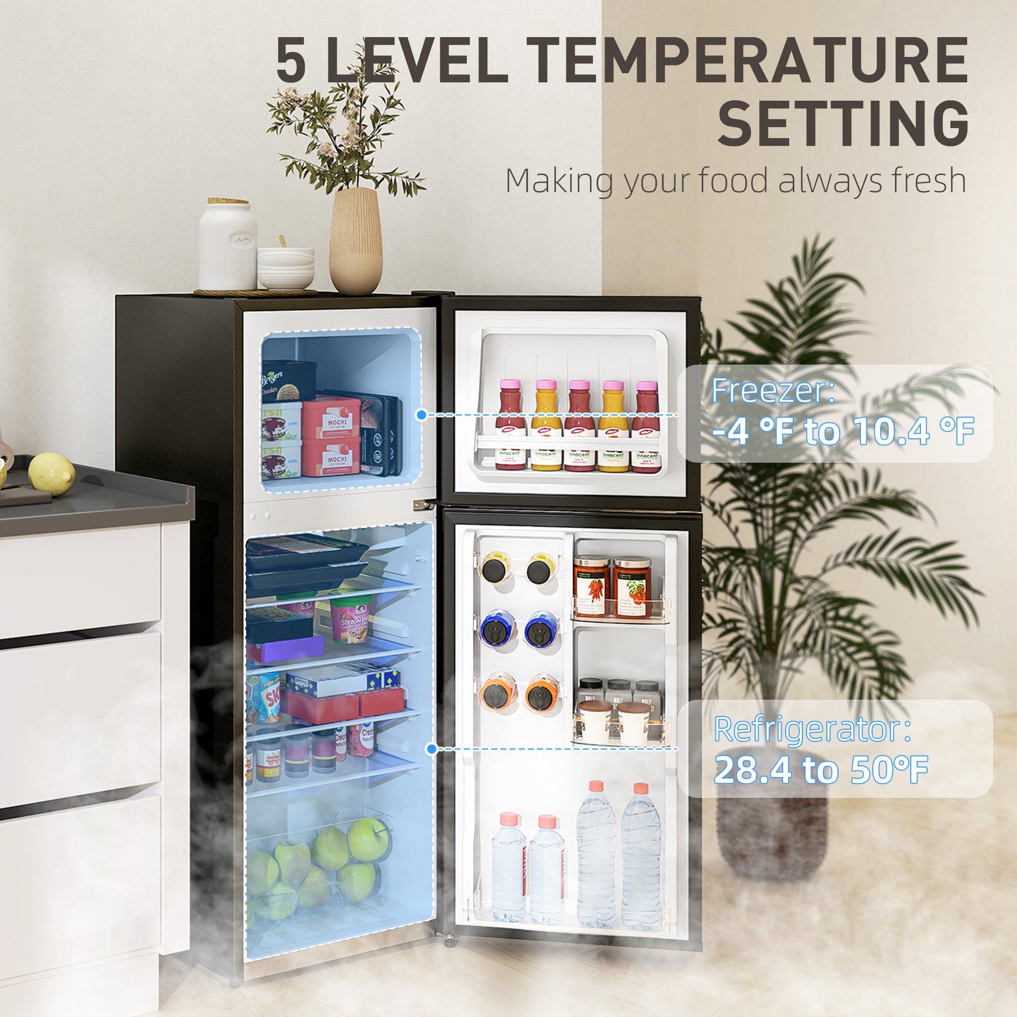 Small Fridge with Freezer, 4 Cu Ft Refrigerator with Reversible Doors, Black