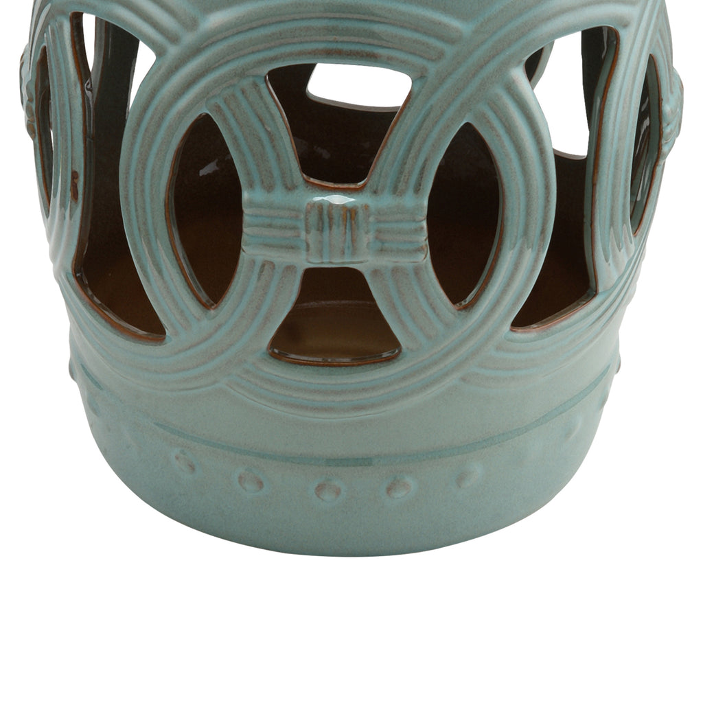 14" x 17" Ceramic Garden Stool with Double-Coin Knotted Ring Design & Strong Glazed Material, Decorative End Table, Home Collection, Antique Blue