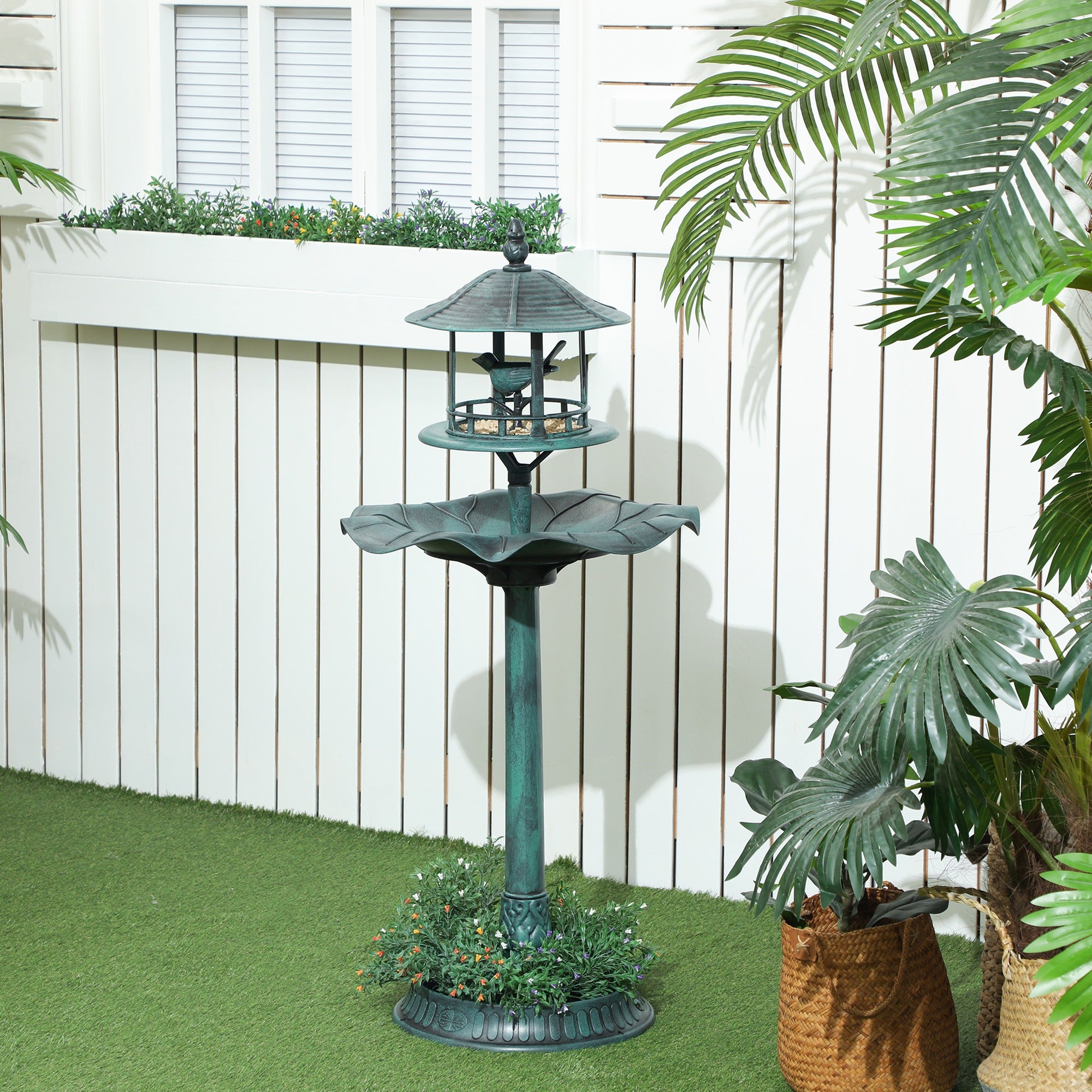 3 in 1 Garden Bird Bath Bowl Pedestal with Bird Feeder, Large Water Basin, Underneath Flower Planter, Green