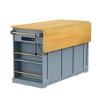 Kitchen Island Cart with Drop Leaf, Power Outlet, Internal Storage Rack, Rolling on 5 Wheels, Adjustable Shelves, and Bamboo Sticks, Gray+Blue
