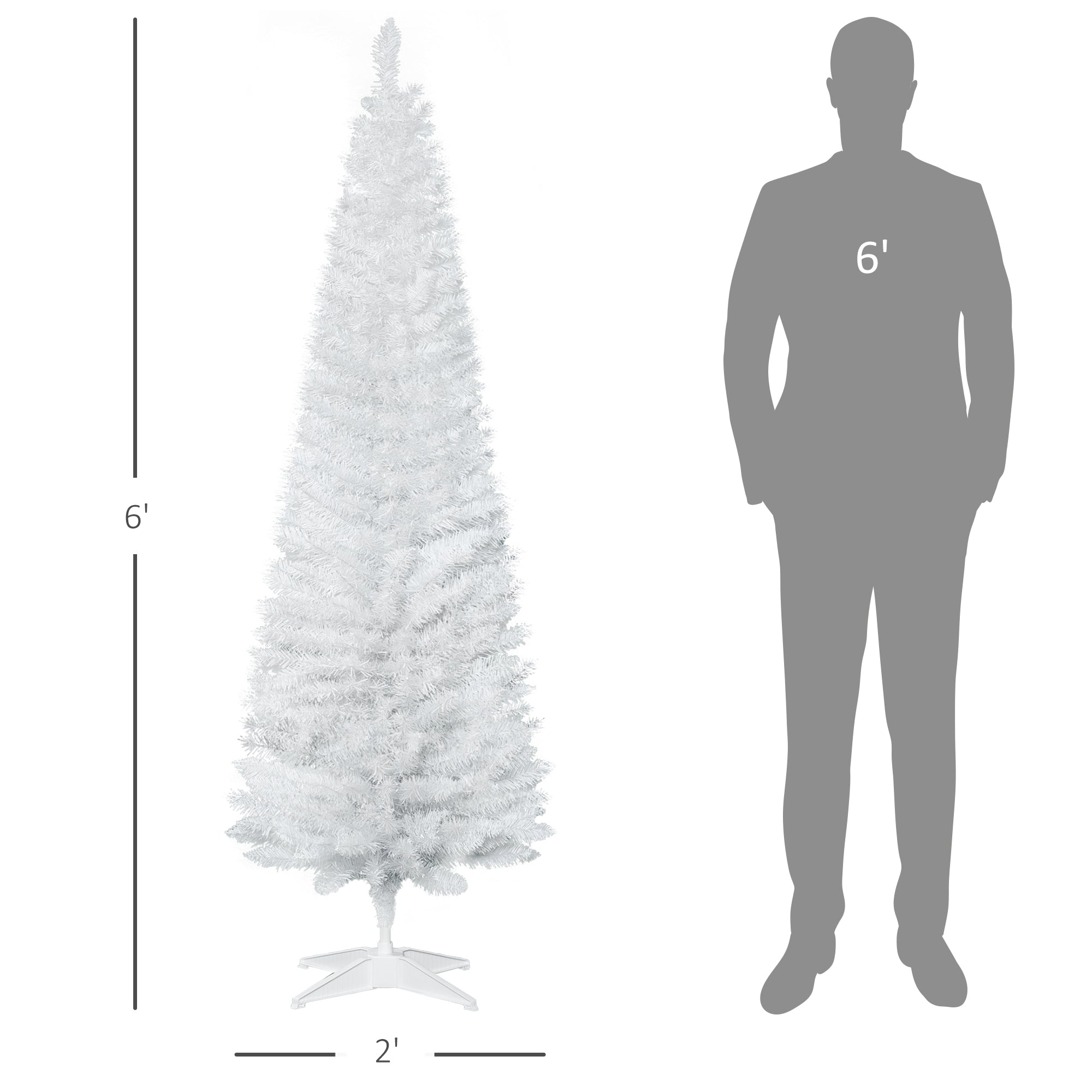 6ft Unlit Pencil Artificial Christmas Tree with Realistic Branches and 390 Tips, Plastic Base, White