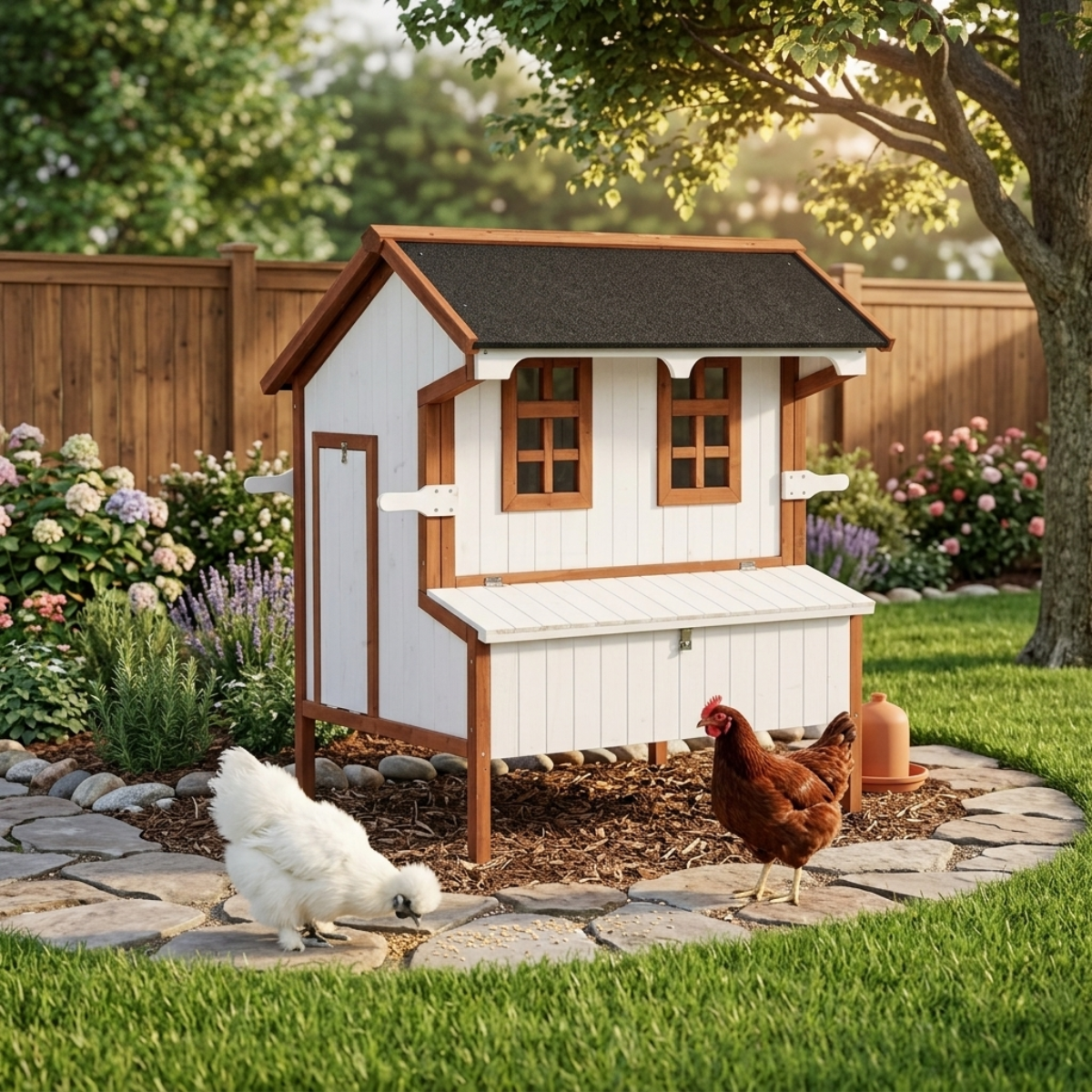 47" Chicken Coop, Wooden Chicken House Raised Rabbit Hutch with Waterproof Roof, Nesting Box and Handles for 3-5 Hens, Poultry Cage Portable Hen Pen for Backyard