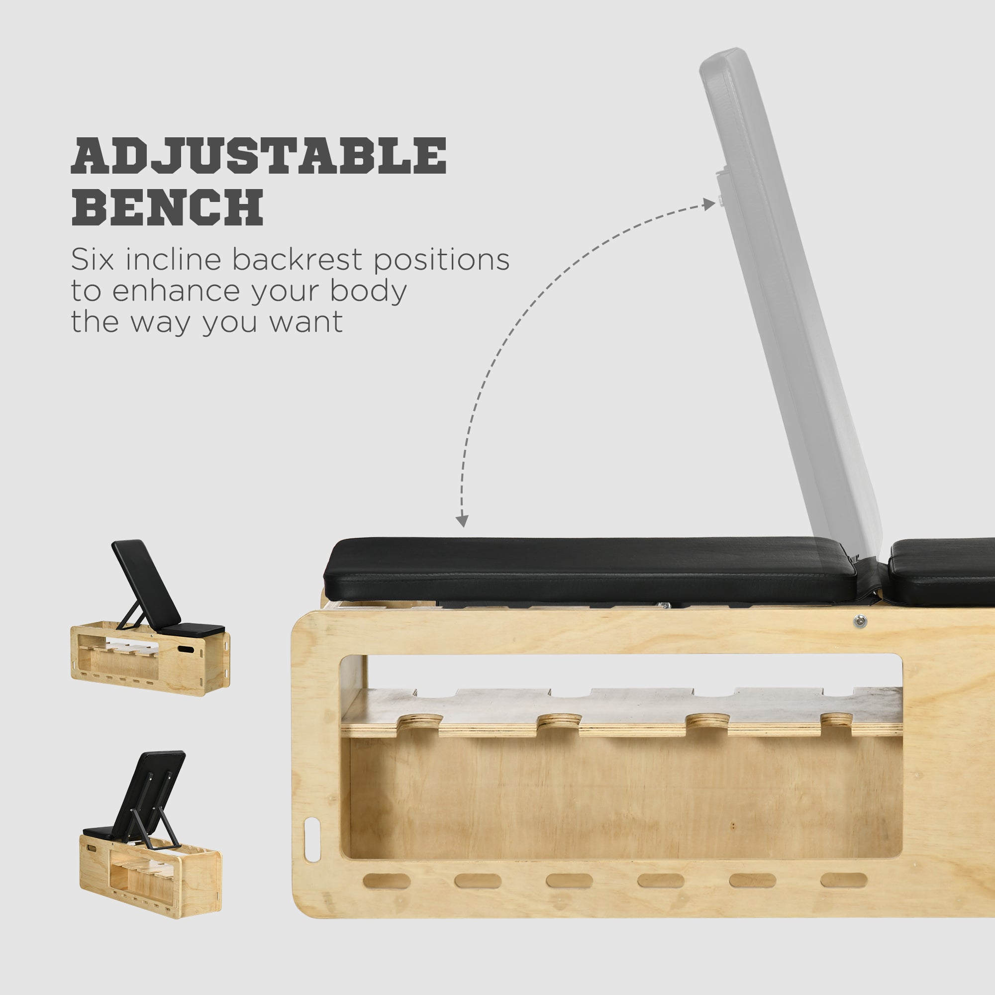 Wooden Workout Bench with Dumbbell Rack and Resistance Bands, Adjustable Incline Weight Bench for Home Gym