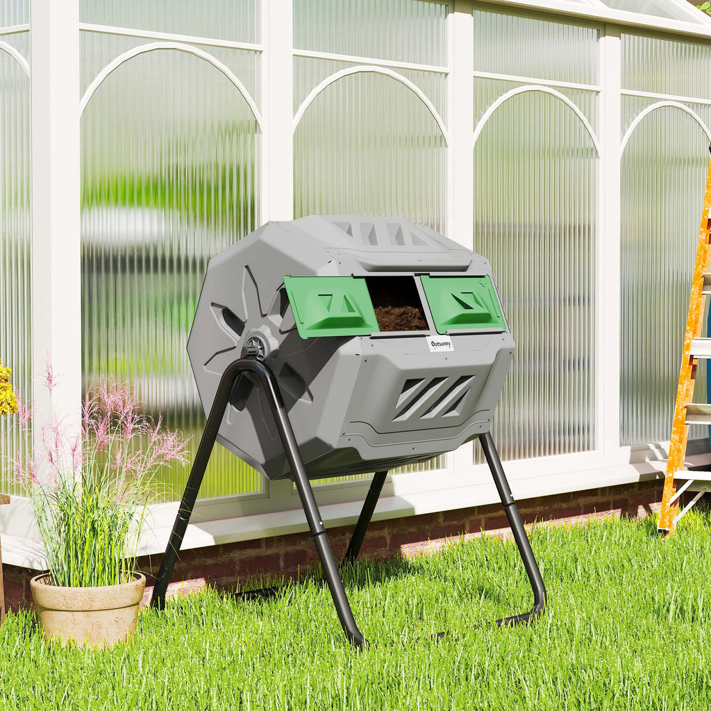 Tumbling Compost Bin Outdoor 360° Dual Chamber Rotating Composter 43 Gallon, Light Gray
