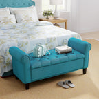 50 Inches Storage Ottoman, End of Bed Bench with Rolled Arms, Wood Legs, Button Tufted Storage Bench, Teal