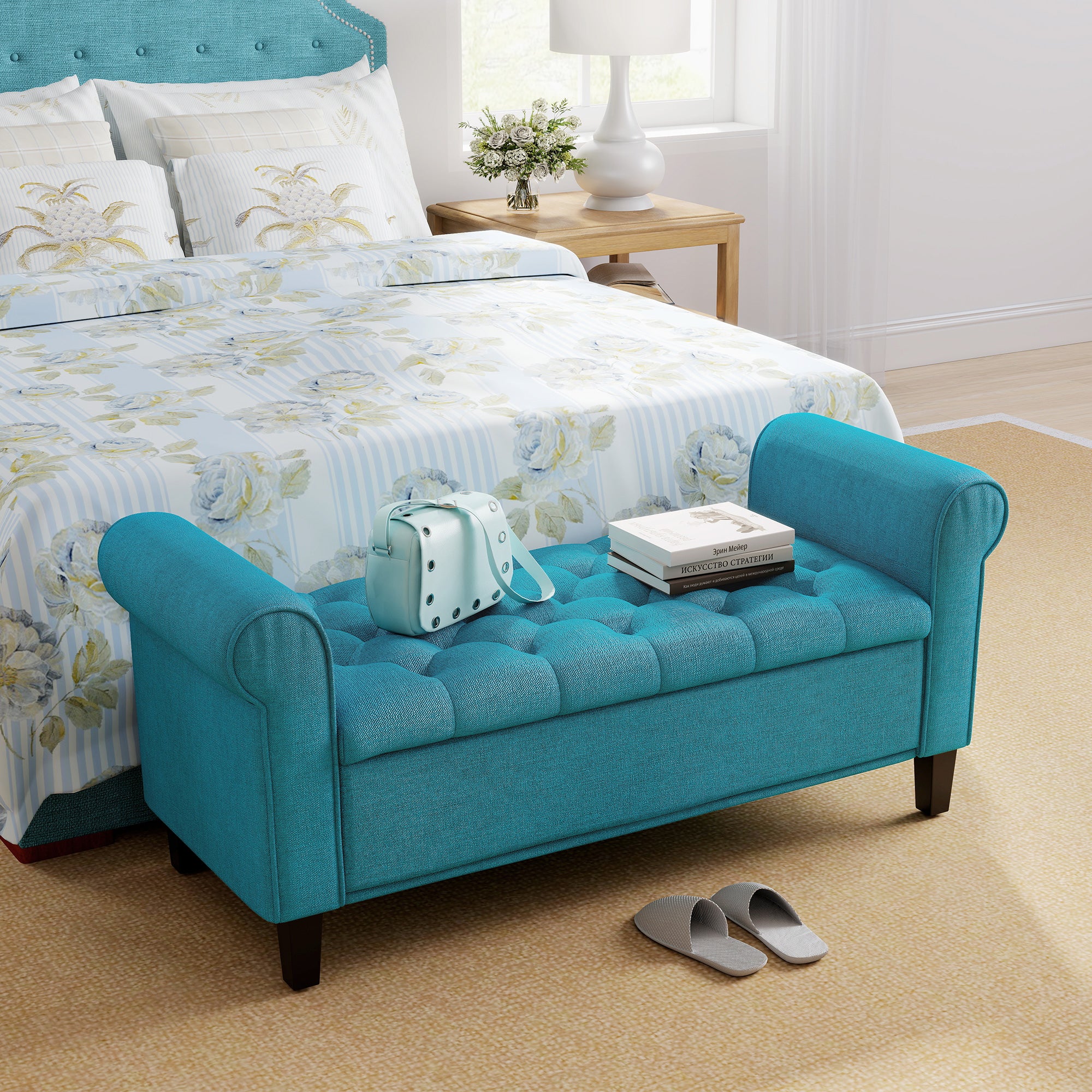 50 Inches Storage Ottoman, End of Bed Bench with Rolled Arms, Wood Legs, Button Tufted Storage Bench, Teal