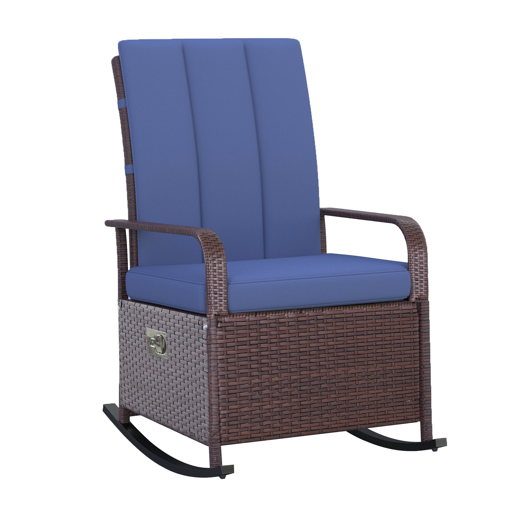 Outdoor Rattan Wicker Rocking Chair Patio Recliner with Soft Cushion, Adjustable Footrest, Max. 135 Degree Backrest, Blue