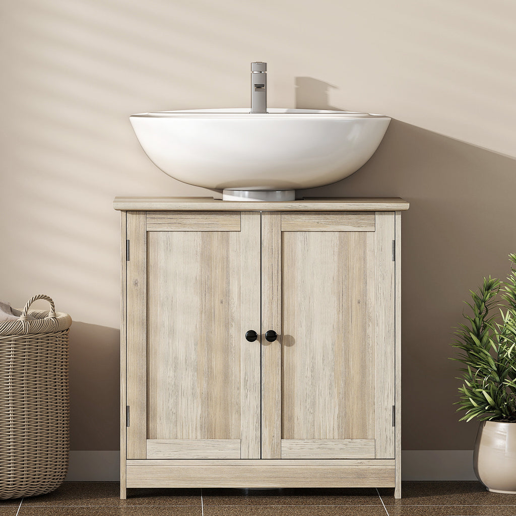 Bathroom Vanity Cabinet, Under Sink Bathroom Cabinet with 2 Doors and Adjustable Shelf, Weathered Gray Oak
