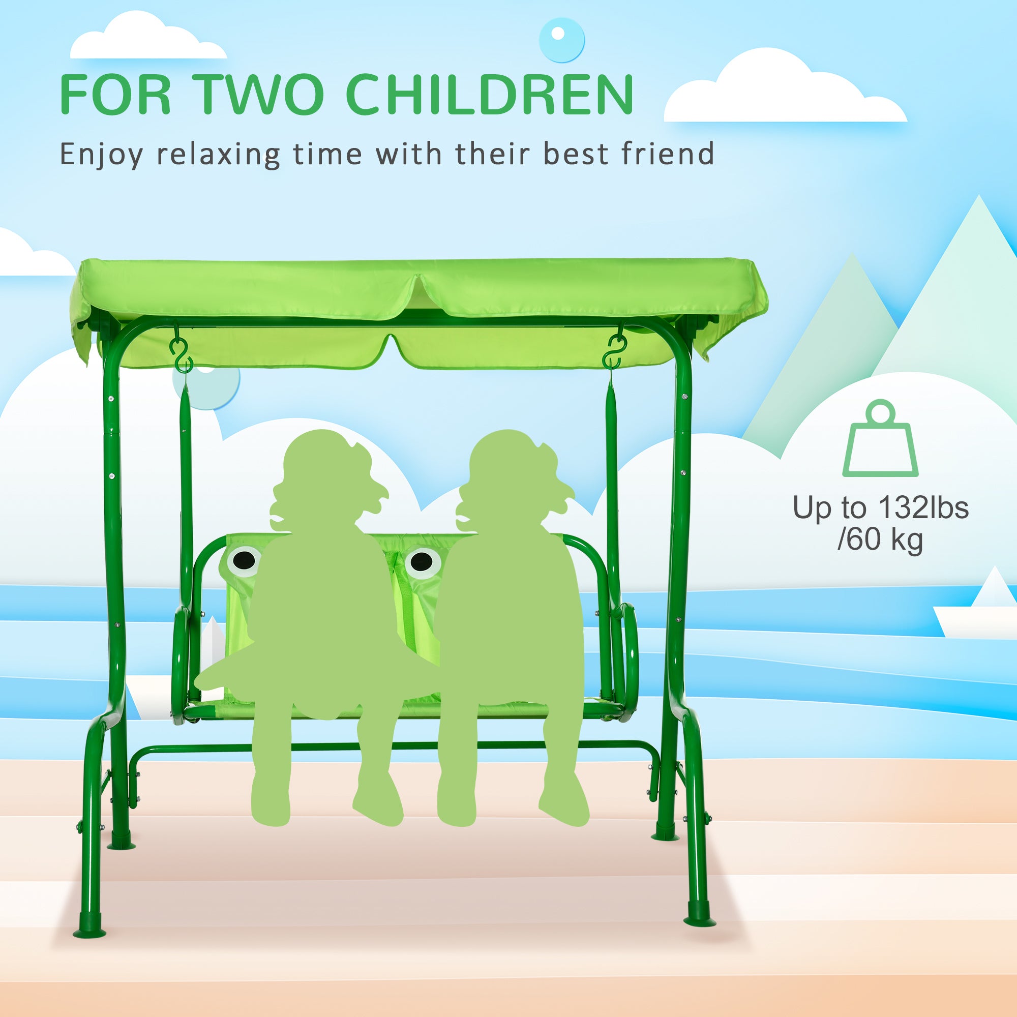 Kids Patio Swing, Adjustable Canopy Swing Glider, Kids Outdoor Swing Chair with 2 Seats, Seat-Belted Safety, Green