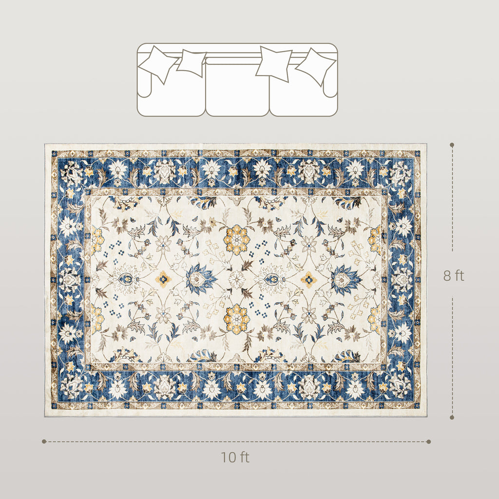 Machine Washable Area Rug 8x10, Non-Slip Boho Floral Print Floor Carpet for Living Room, Bedroom, Dining Room, Blue