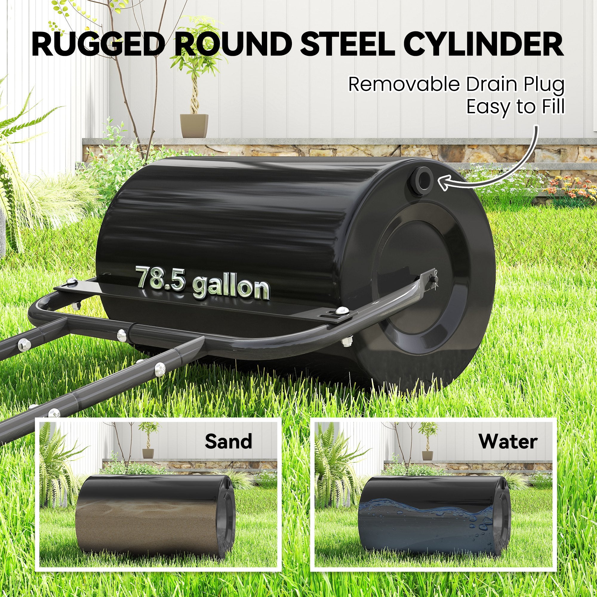 20-Inch Push/Tow Behind Lawn Roller Filled with 10 Gal Water or Sand for Flattening Sod in the Garden, Black