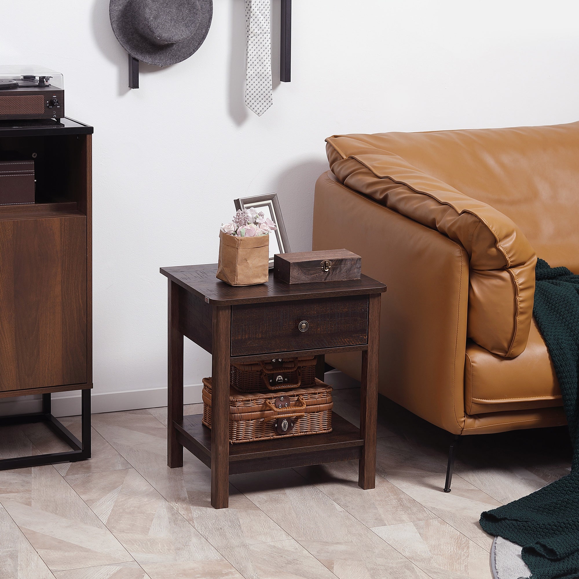 End Table with Drawer, Side Table with Top and Bottom Shelf for Small Spaces, Dark Brown