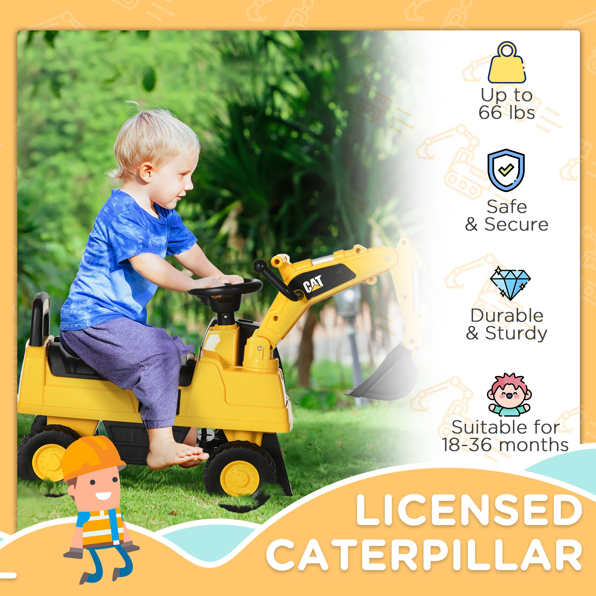 Kids Excavator Ride on Toy CAT Licensed with Manual Shovel, Horn, Hidden Storage for 18-36 Months, Yellow