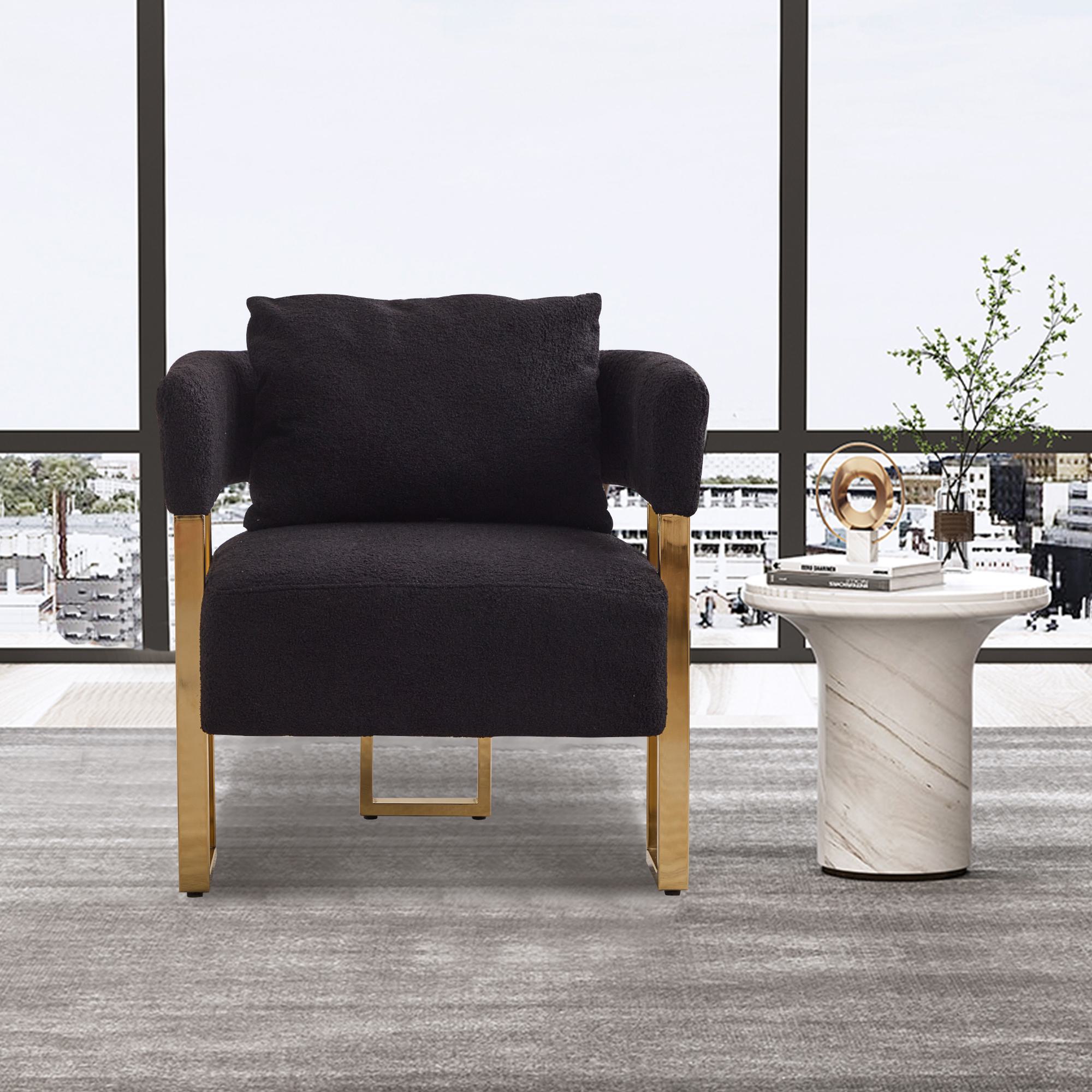 2-Set Living Room Teddy Fleece Upholstered Side Chair with Gold Metal Legs, Modern Decorative Chair, 26" L x 24.5" W x 27" H, Black+Gold