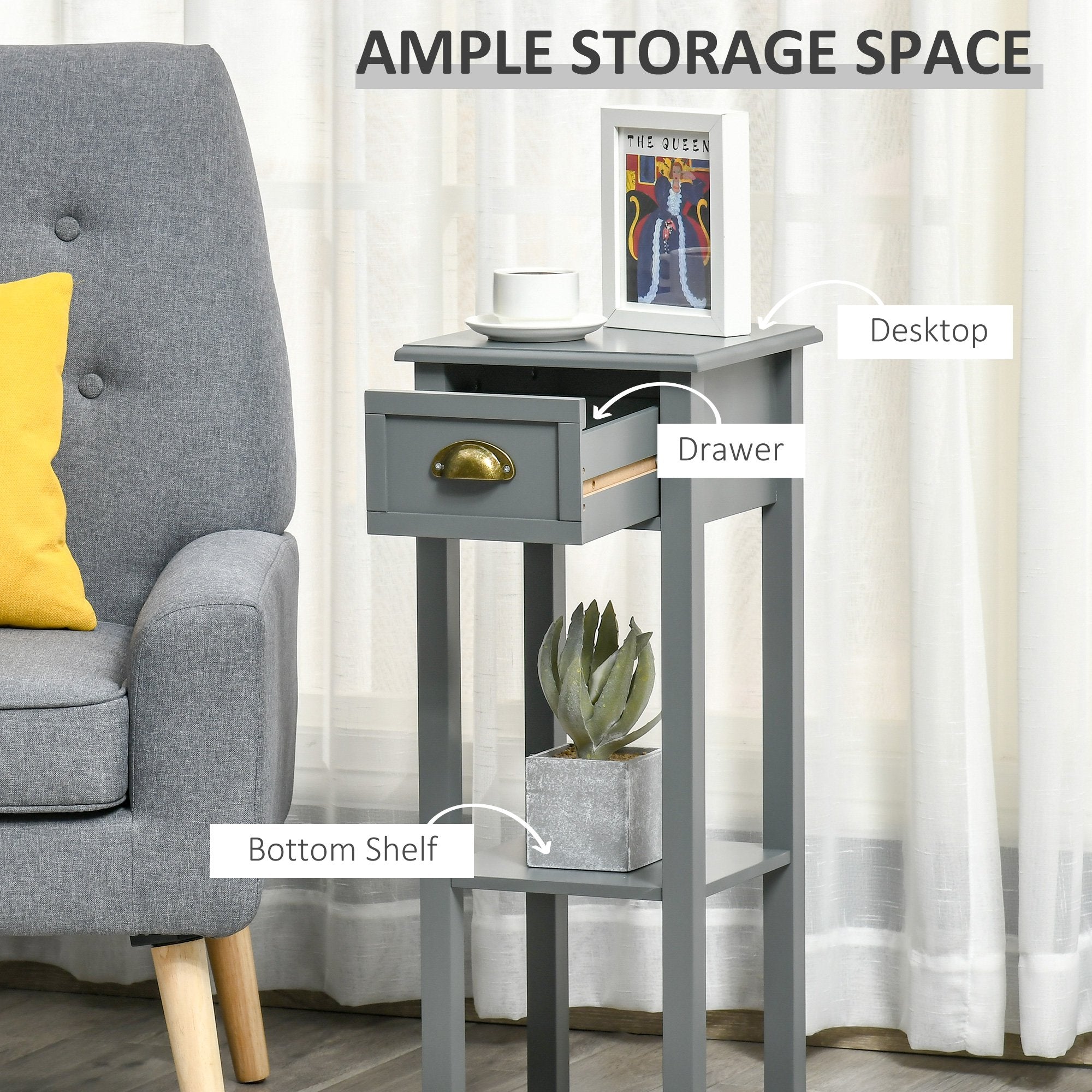 2-Tier Tall Side Table, Nightstand End Table w/ Drawer & Bottom Shelf for Living Room, Bedroom, Gray