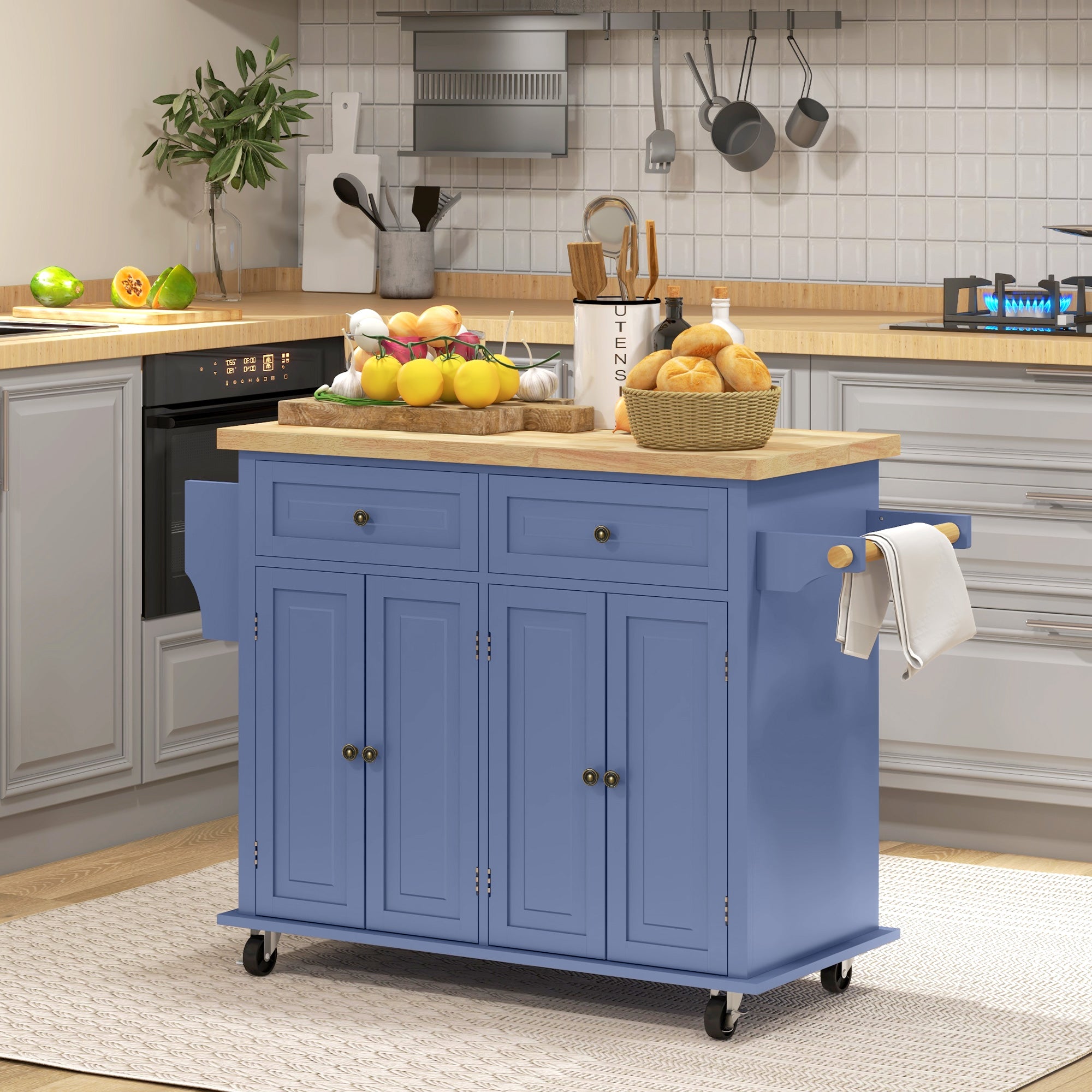 Kitchen Island on Wheels, Rolling Cart with Rubberwood Top, Spice Rack, Towel Rack and Drawers, Navy Blue
