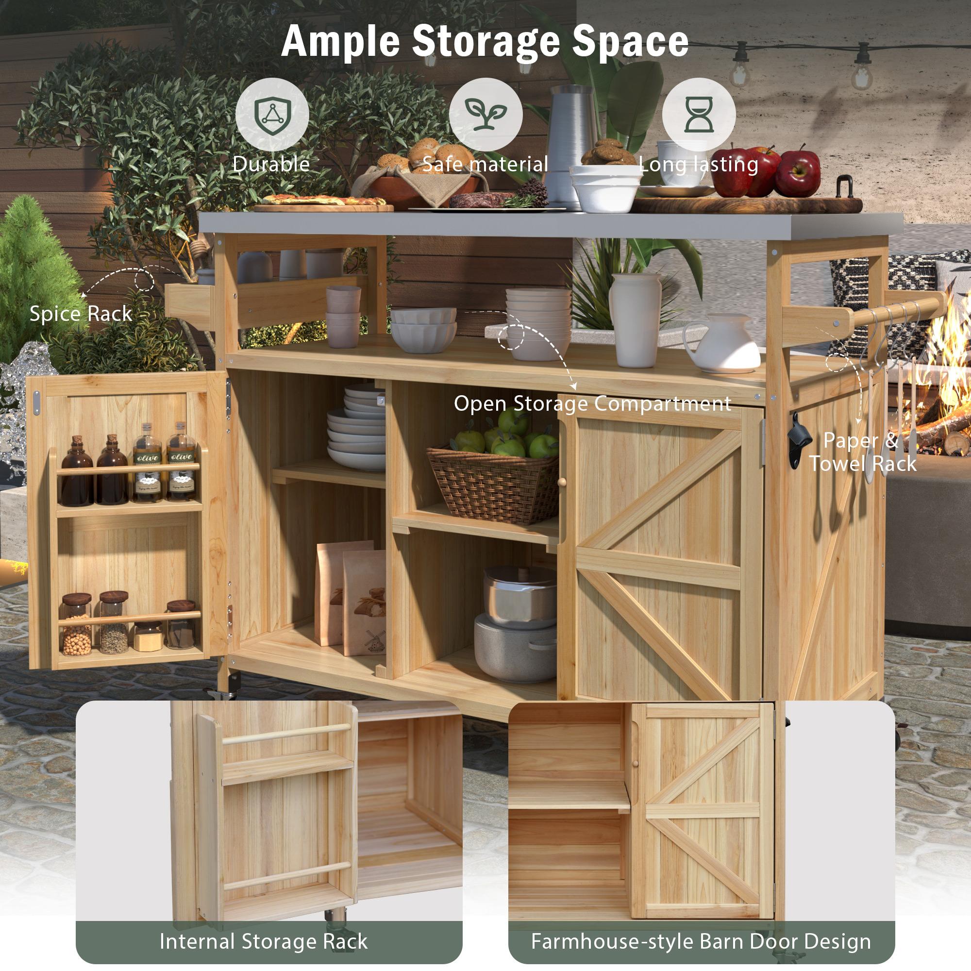 Outdoor Kitchen Island with Stainless Steel Top, Spice and Towel Rack, Rolling Bar Cart with Lockable Wheels, 50" L x 18.5" W x 36.5" H, Natural