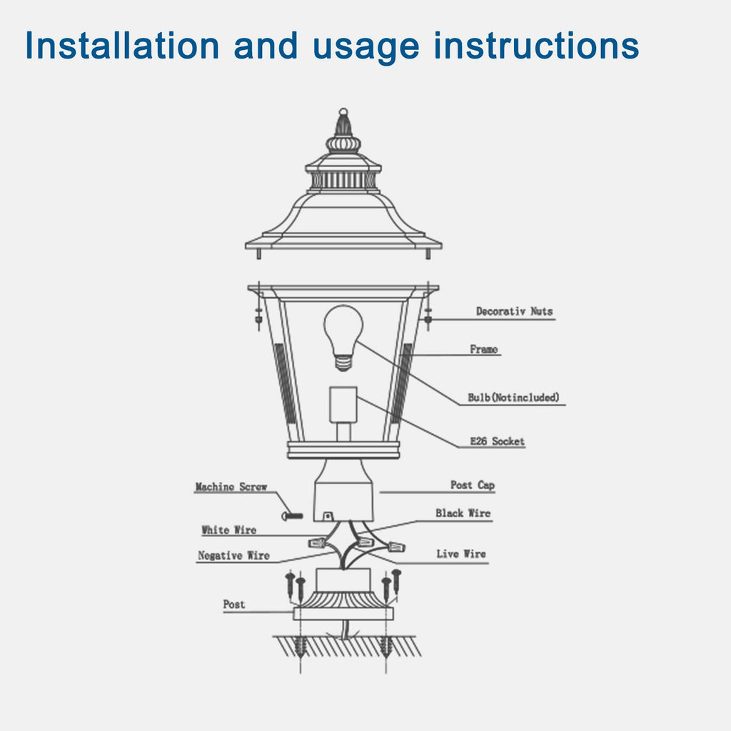 Outdoor Post Lantern Light with Pathway Lighting, Vintage Metal, Clear Glass Pillar Lamp for Garden, Gate, Driveway, 11" L x 11" W x 21" H, Black